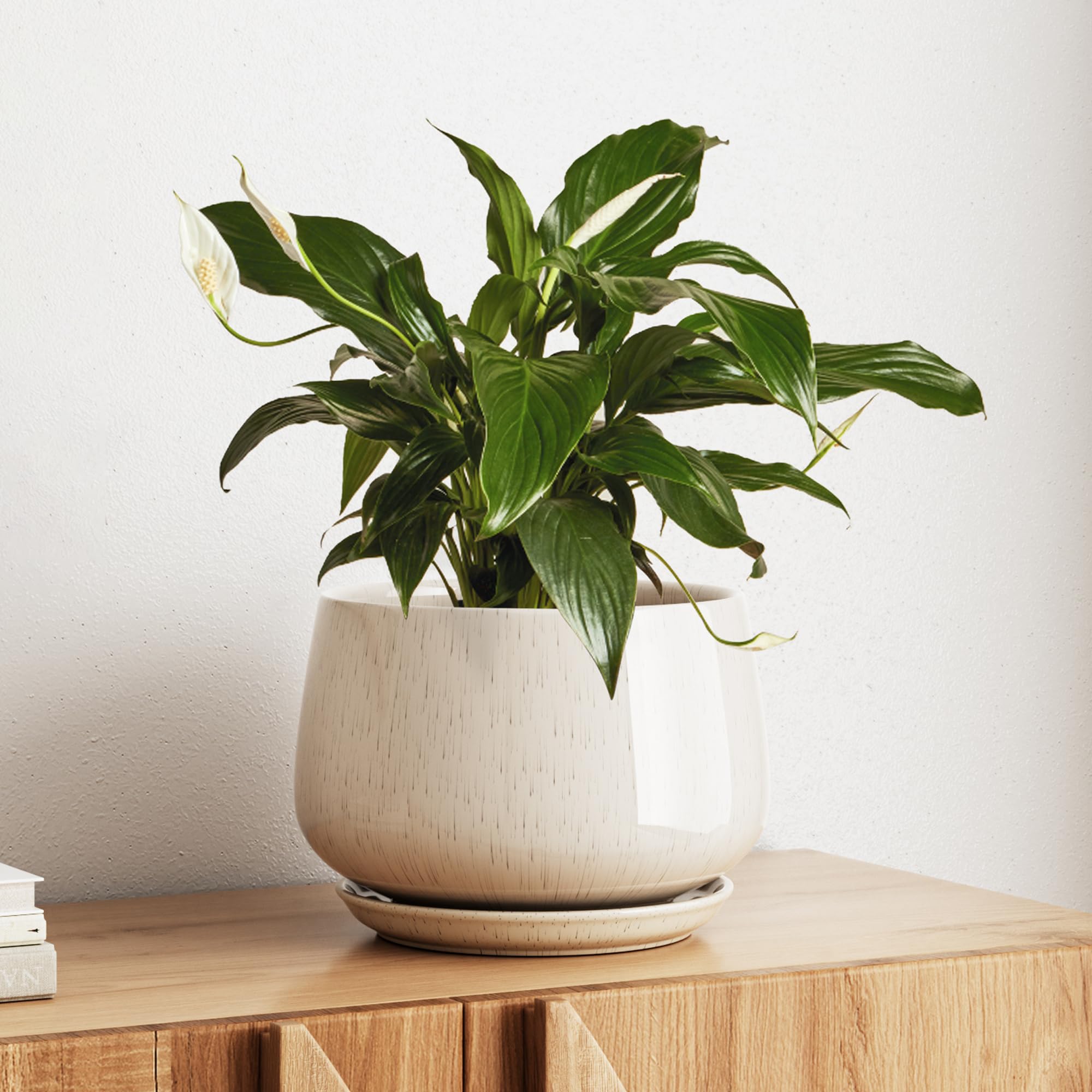 10 Inch Ceramic Planter with Drainage Hole & Saucer – Reactive Glaze Beige Indoor Plant Pot for Modern Home Decor