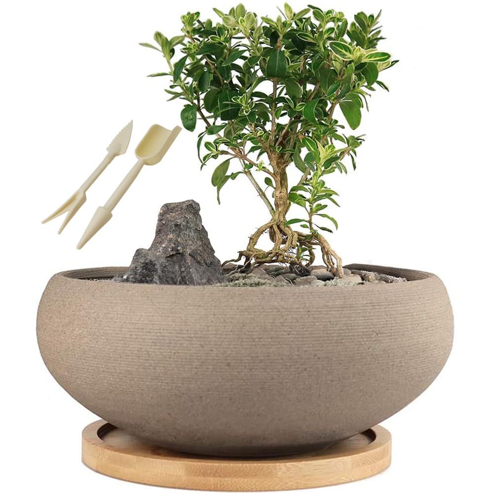 8 Inch Round Unglazed Ceramic Bonsai Pot with Bamboo Tray, Large Rough Pottery Succulent Planter with Drainage Hole