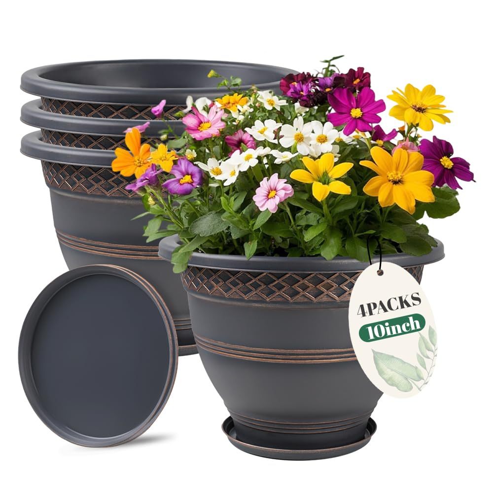 4 Pack 10 Inch Plastic Plant Pots with Drainage Holes & Saucers, Plaid Pattern Planters for Indoor Outdoor Herbs & Garden