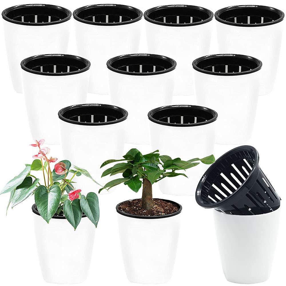 12 PCS 4 Inch Self Watering Plastic Planters with Inner Pot, White Flower Pots for Herbs, Succulents & All House Plants