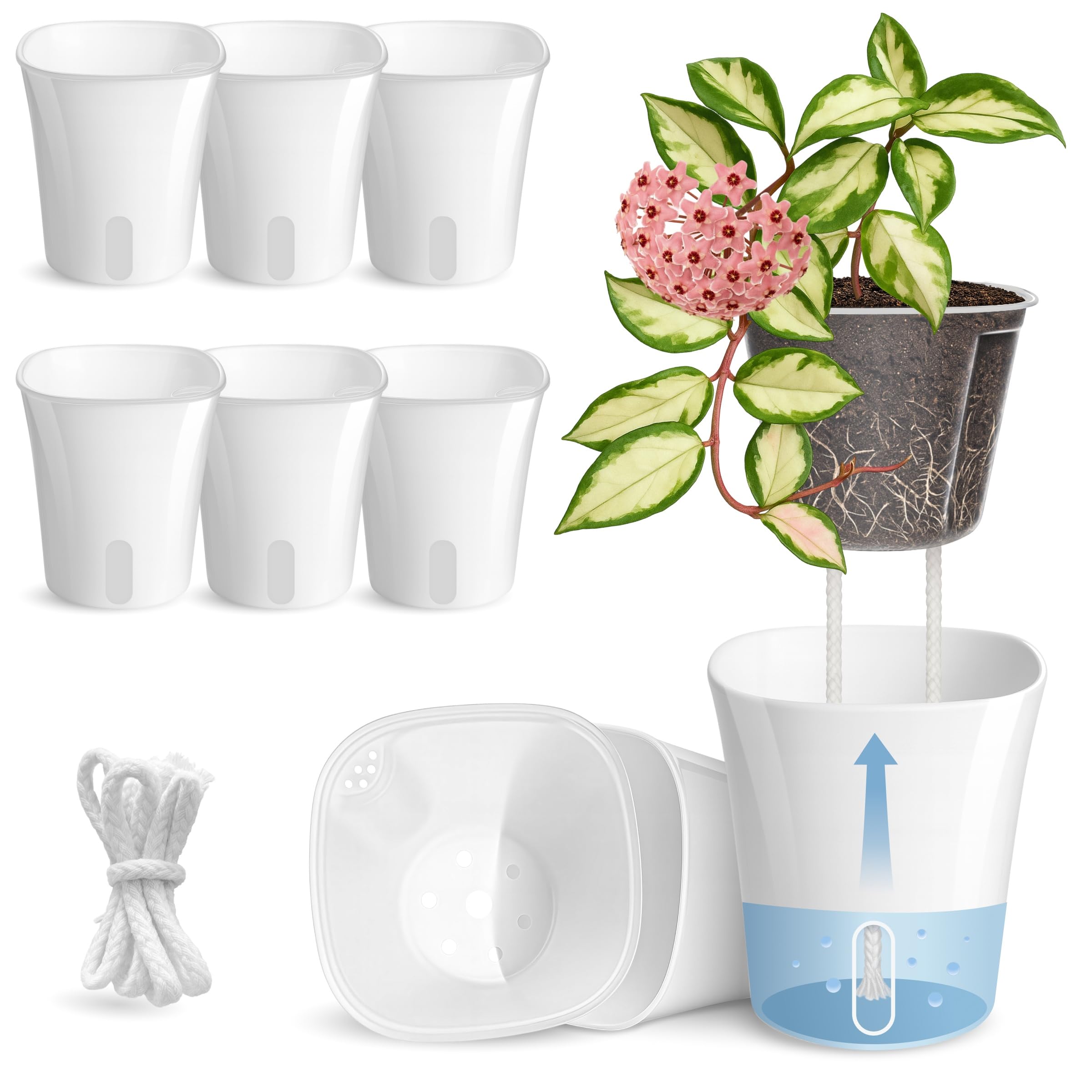 8 Pack 4" Self Watering Pots for Indoor Plants, Clear Inner Cup with Water Level Indicator, White Plastic Planters with Drainage Holes + Extra 3ft Wick – Ideal for Cuttings, Seedlings, Herbs & African Violets