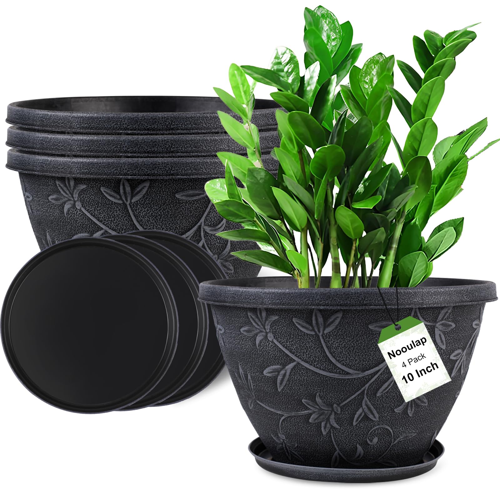 4 Pack 10 Inch Gray Imitation Magnolia Plant Pots, Lightweight Plastic Resin Flower Pots with Drainage Hole & Saucer for Indoor Outdoor Garden Home