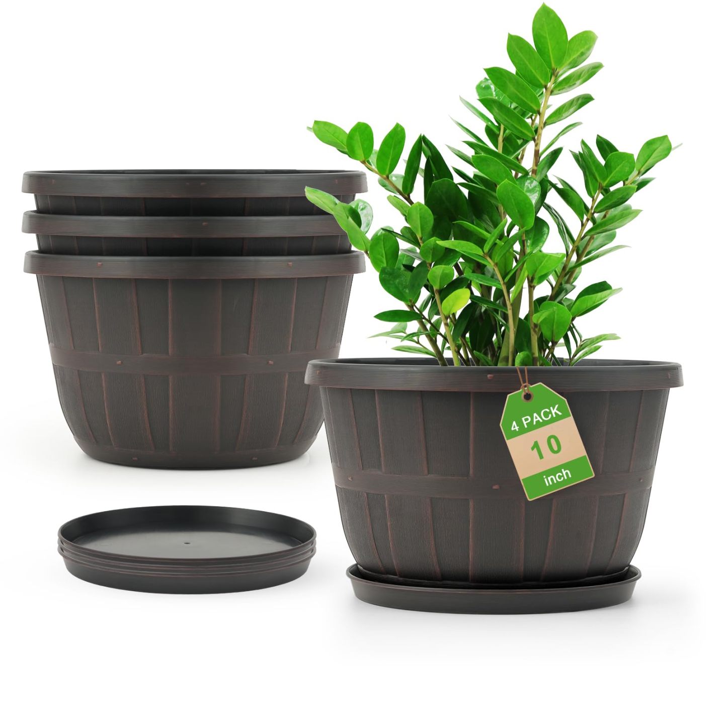 10 Inch Plastic Flower Pots 4 Pack, Large Outdoor Planter Pots with Drainage Holes & Saucers, Imitation Wine Barrel Design, Brown Planters for Indoor & Outdoor Garden Plants