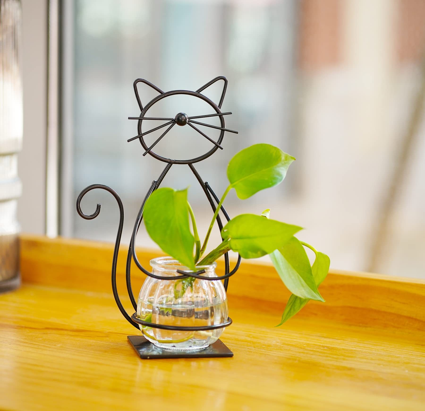 Metal Cat Desktop Glass Planter Vase Holder, Creative Plant Terrarium Stand for Home Patio Lawn Garden Decor