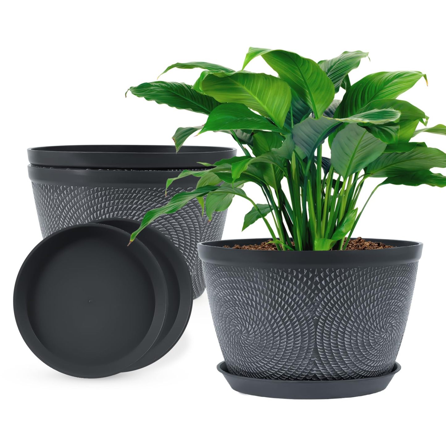10 Inch Plastic Flower Pots 3 Pack, Indoor Outdoor Planters with Drainage Holes & Saucers, Modern Decorative Garden Plant Pots in Gray