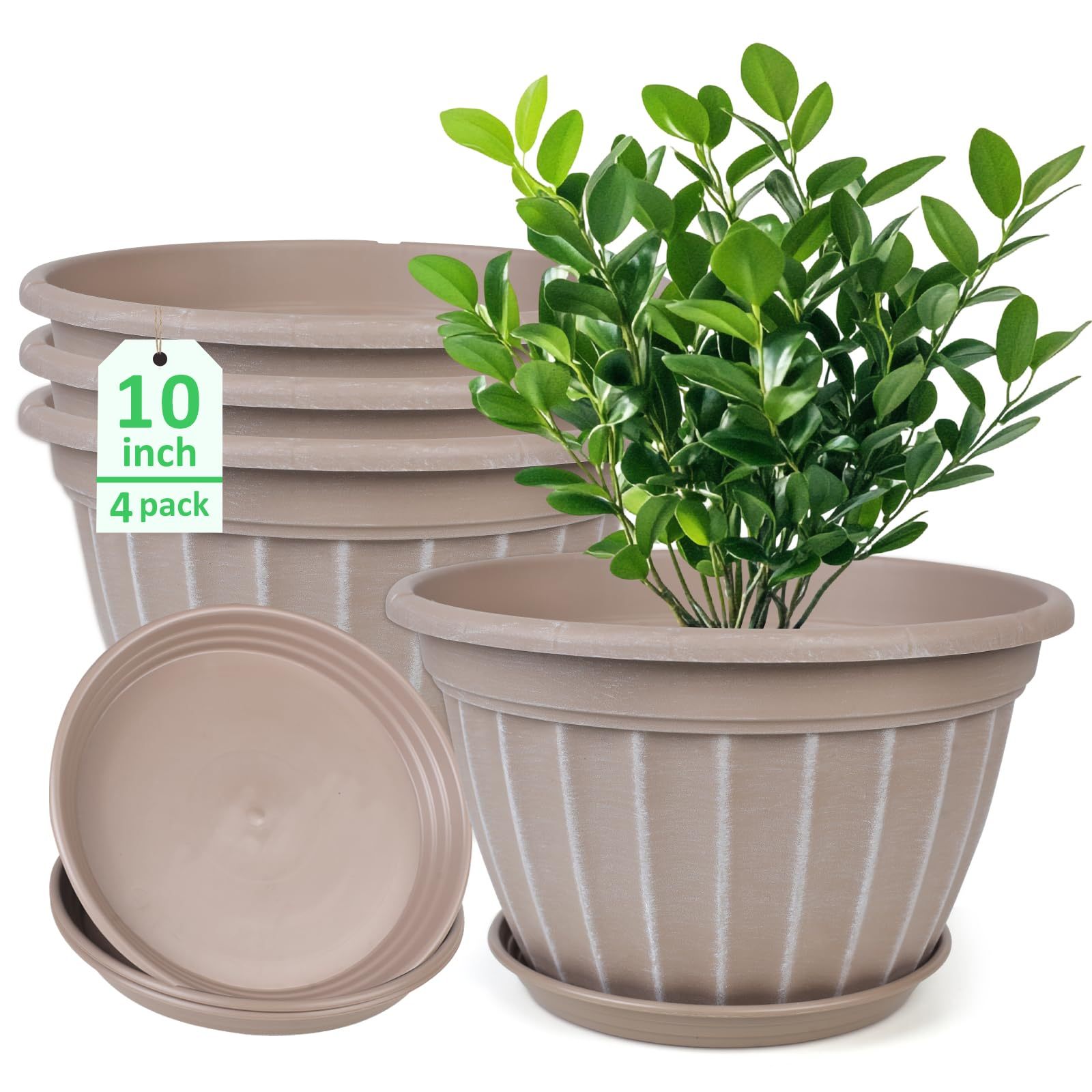 10 Inch Flower Pots 4 Pack, Modern Resin Planters with Drainage Holes & Saucers, Decorative Indoor Outdoor Garden Pots in Beige