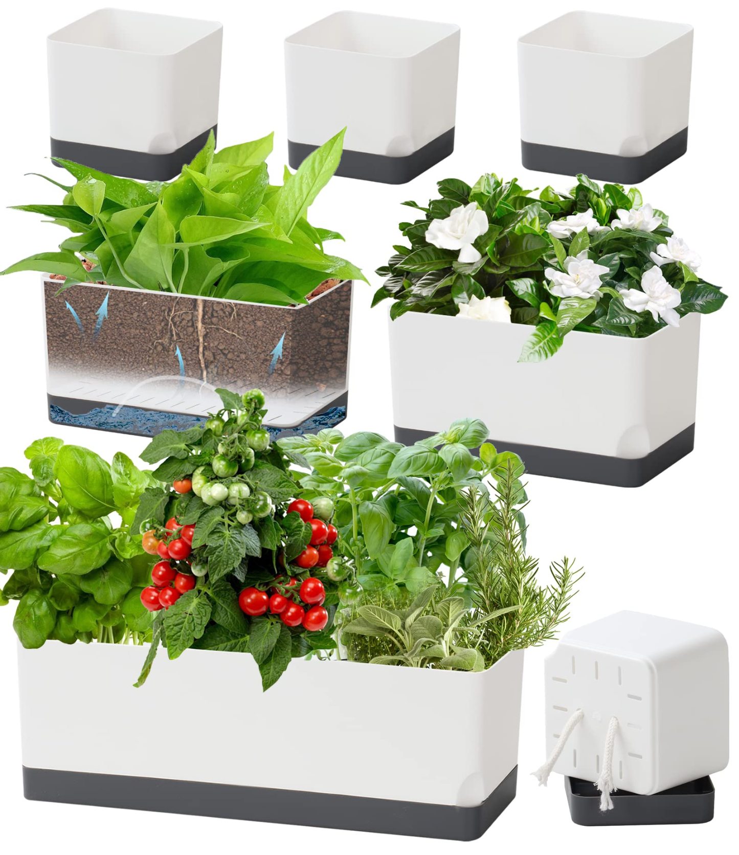 7-Pack Self-Watering Plastic Planters for Indoor Plants | 4+8+17 Inch Rectangular Window Boxes with Drainage Trays & Saucers
