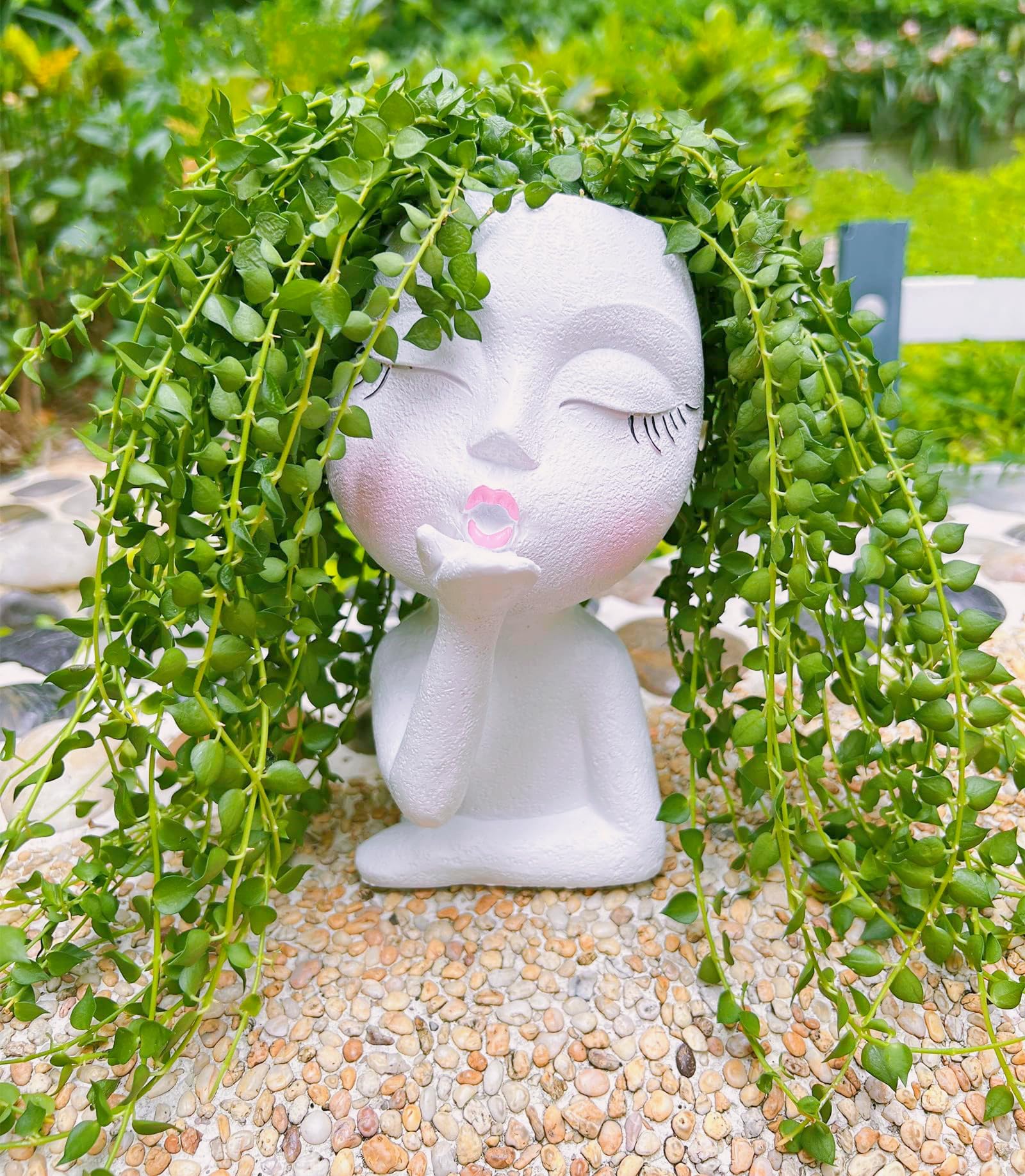 Handmade Face Planter Pot, Standing Air Kiss Head Planter for Trailing Plants & Succulents, Resin Funny Face Planter with Anti-Friction Pads, White 1 Pack