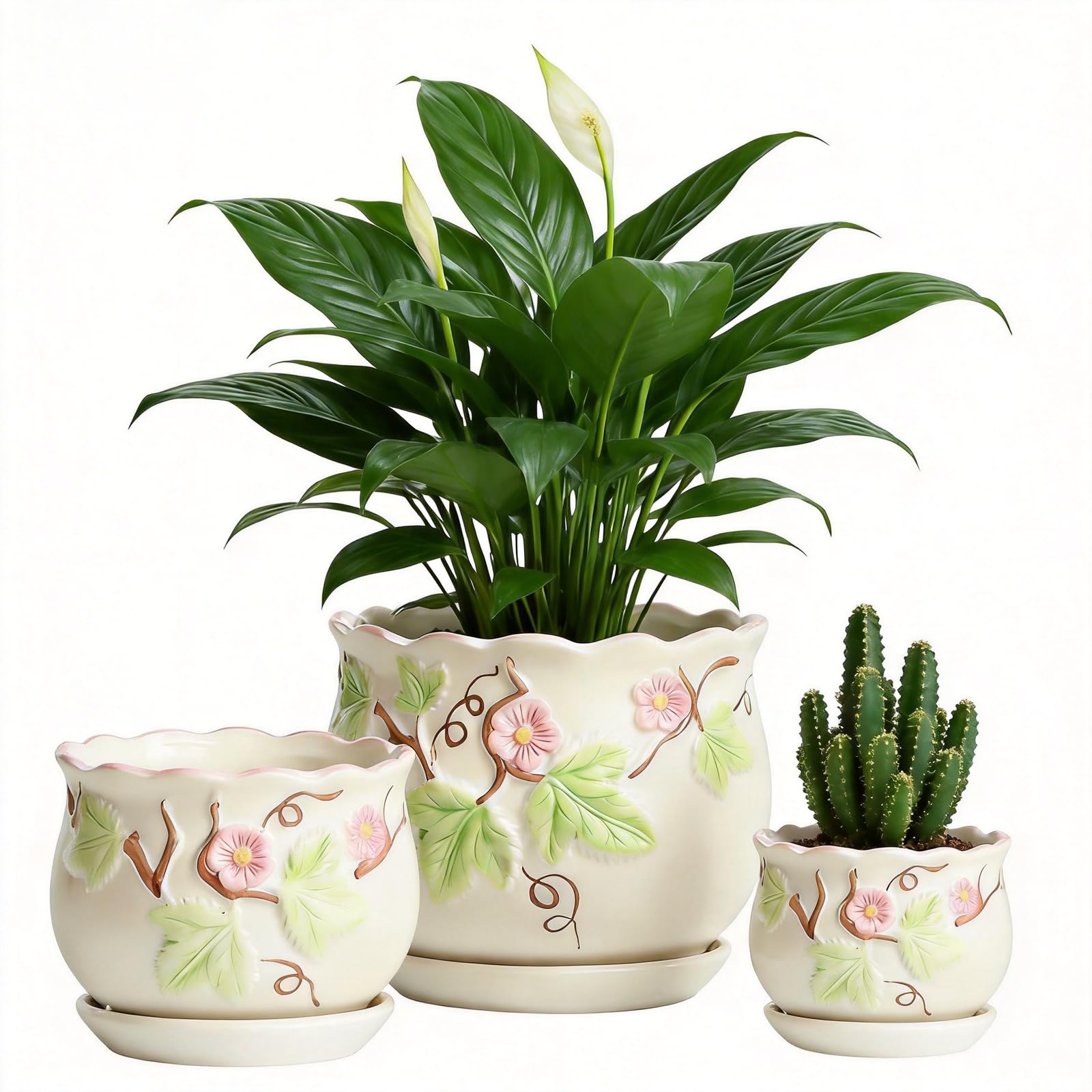 Set of 3 Vintage Ceramic Flower Pots, Round Retro Planters with Drainage Holes & Saucers, 6.7/5.2/3.9 Inch Plant Pots for Indoor Plants