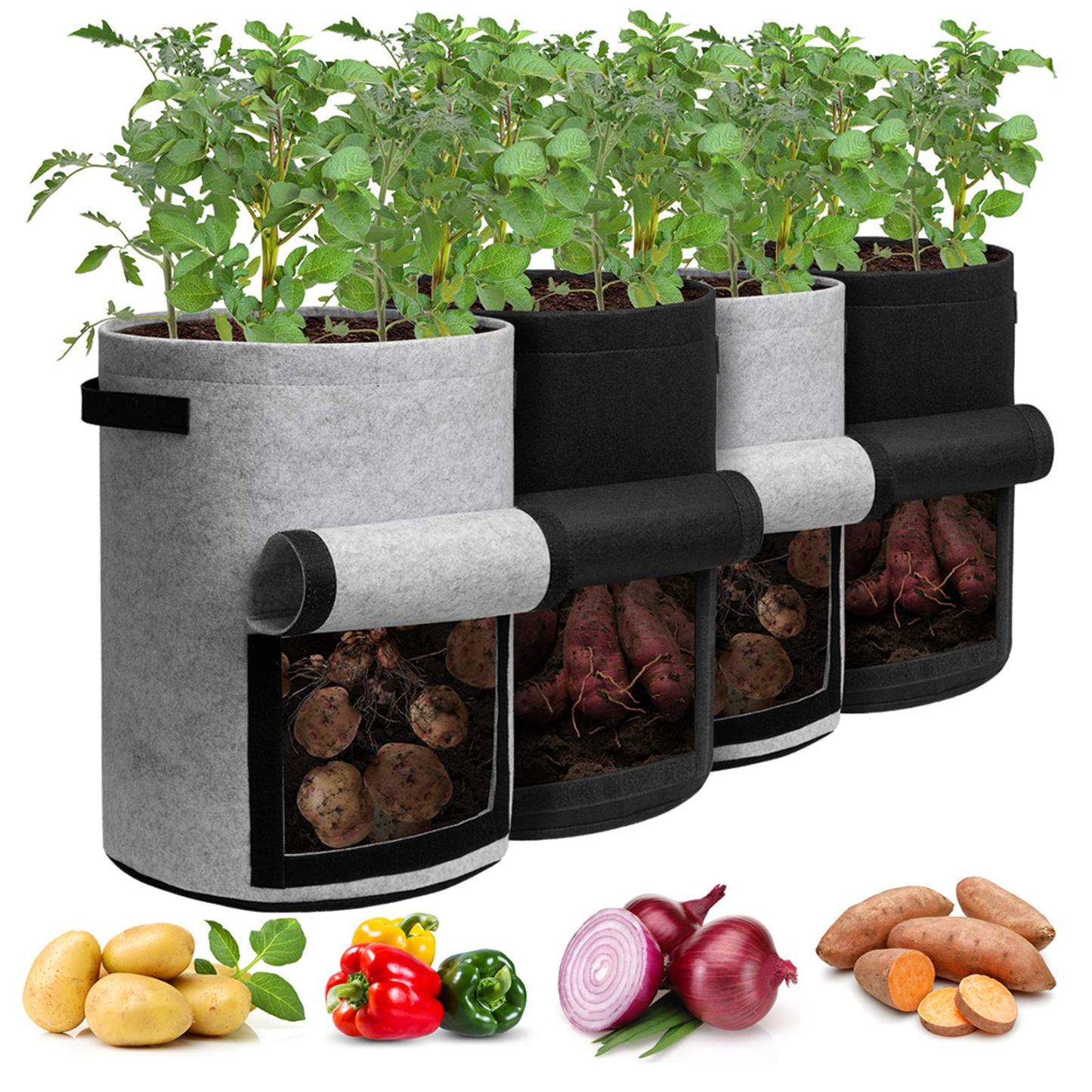 4 Pack 10 Gallon Potato Grow Bags with Harvest Flap & Handles, Planting Pots for Potato, Tomato & Vegetables (Black & Gray)