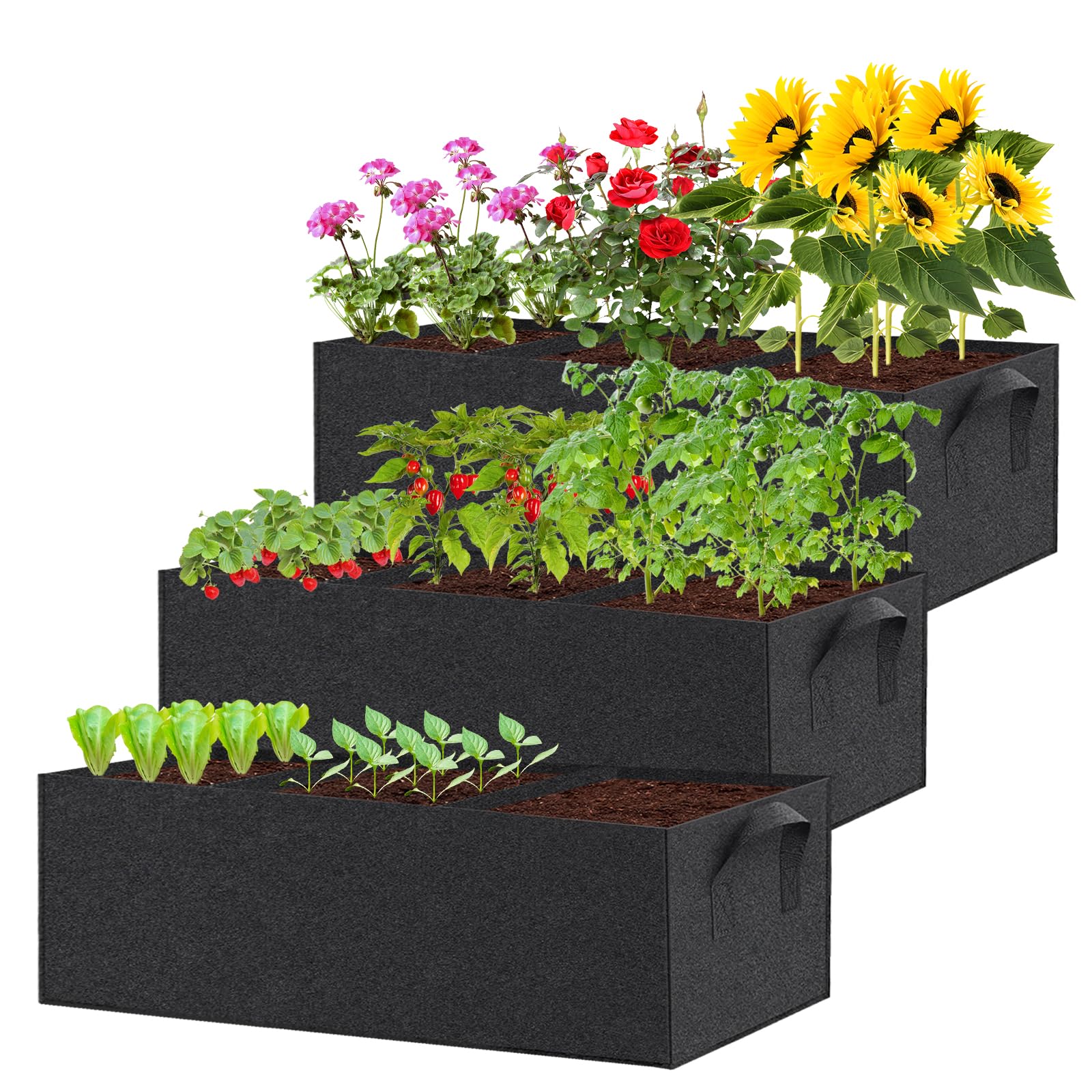 3 Pack Fabric Raised Garden Bed, 22 Gallon 3 Grids Planter Bag with Handles, Breathable Growing Bed for Vegetables, Flowers & Herbs