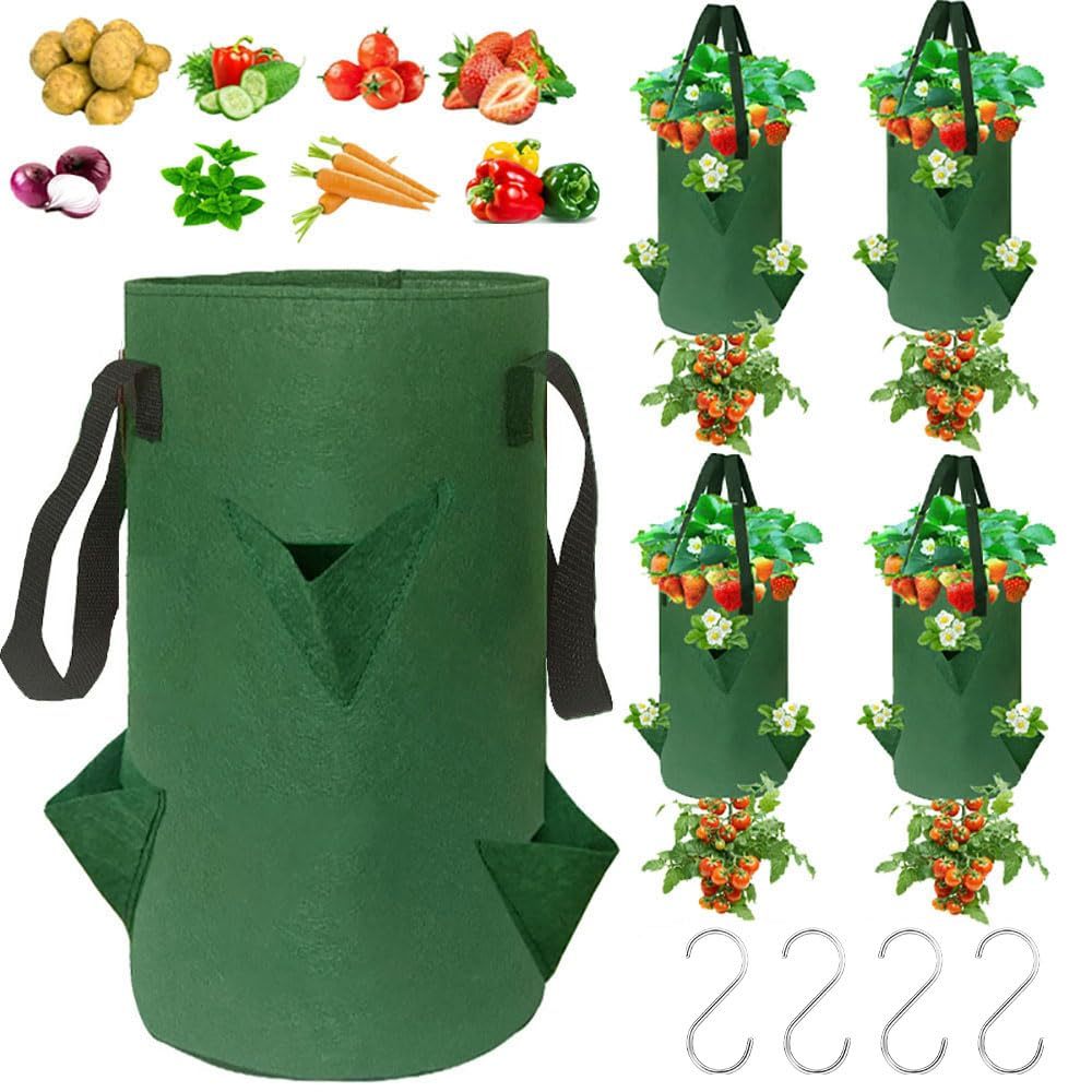 4 Pack Hanging Upside Down Strawberry Planters, 3 Gallon Grow Bags with 6 Planting Holes & 4 Hooks, Upside Down Hanging Planter Bags for Tomatoes & Vegetables (Dark Green)