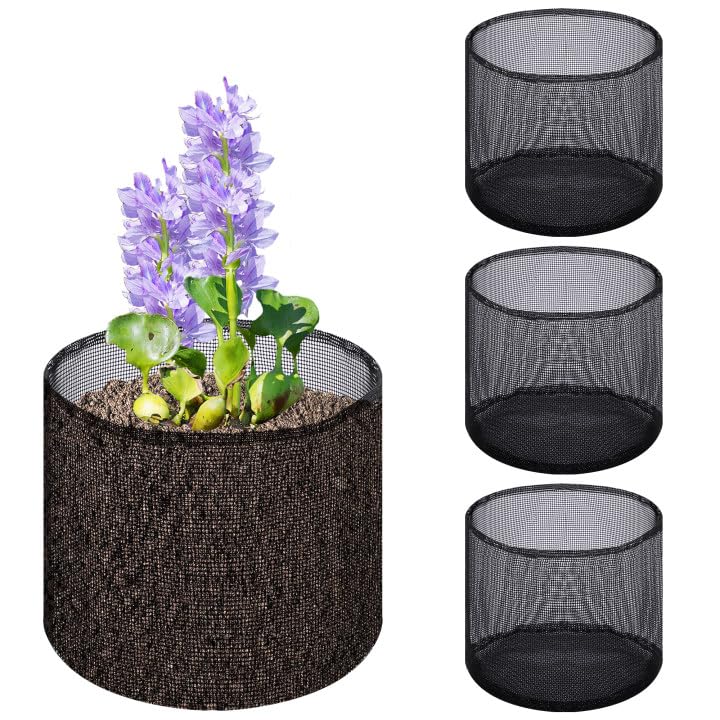 4 Pcs Reusable Mesh Aquatic Pond Planting Bags, 7.1" H x 7.2" Dia Black Round Breathable Planters for Pond Bog & Terrestrial Plants