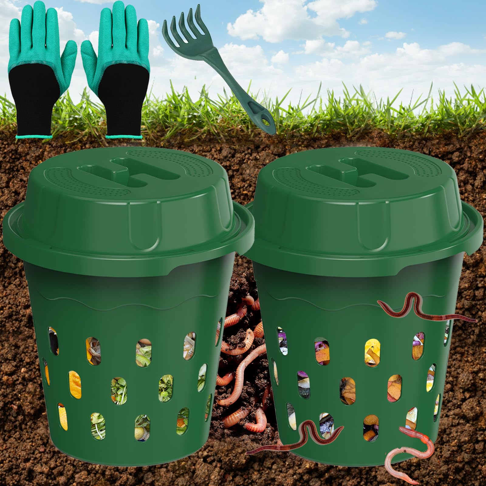 2-Pack 8L Inground Worm Composter, Outdoor Worm Farm for Garden Beds, Home Vermicomposting Bin for Beginners, Green (9.5x9.5x10.8 Inch)