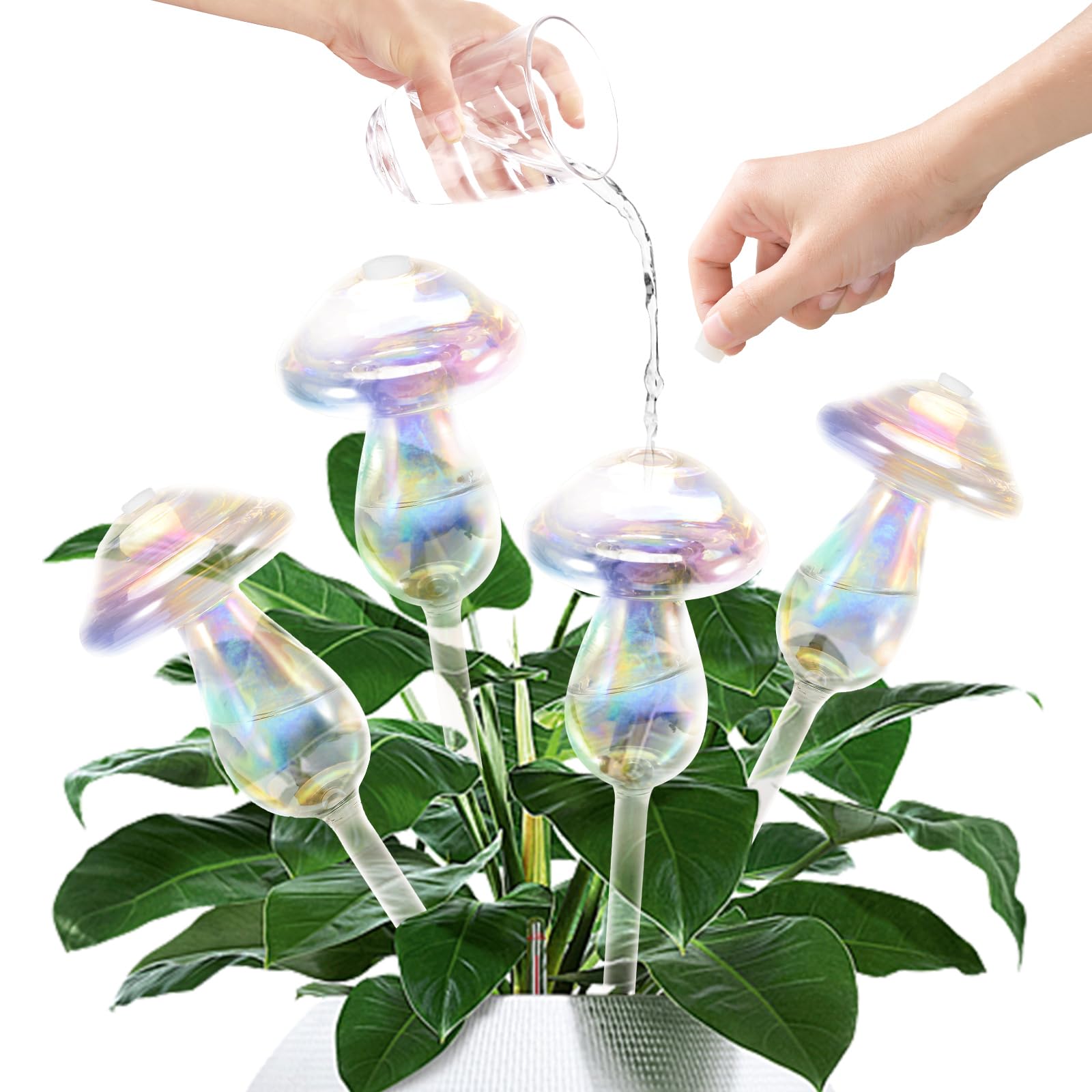 4Pcs Mushroom Shaped Glass Self Watering Globes, Top-Fill Plant Watering Bulbs, Automatic Watering Planter Inserts for Indoor Plants