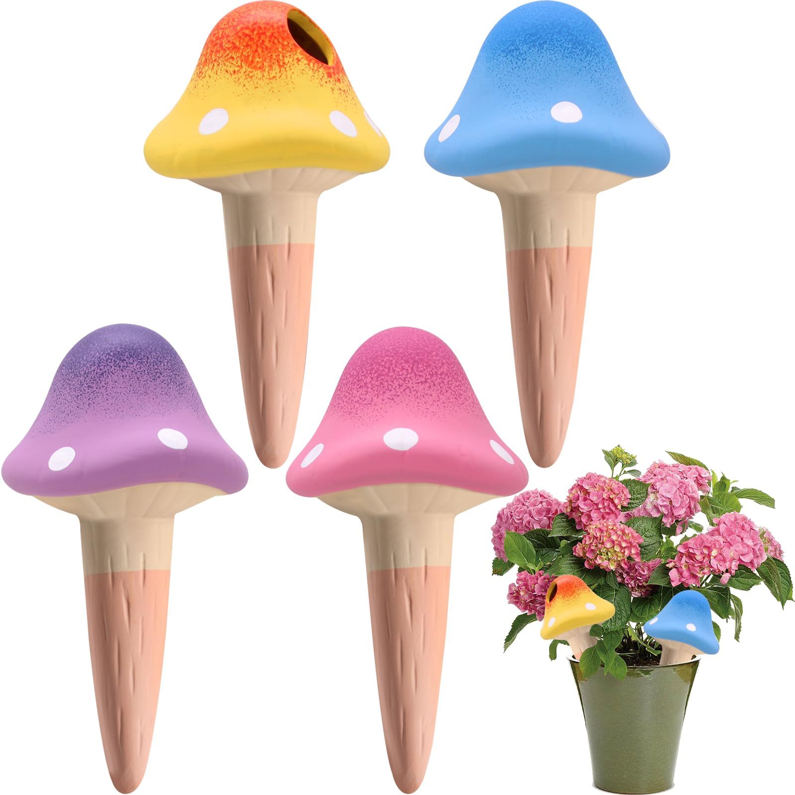 4 Pack Mushroom Shaped Terracotta Watering Spikes, Slow Release Self-Watering Devices, Automatic Plant Waterer for Indoor Outdoor Vacation Plant Care