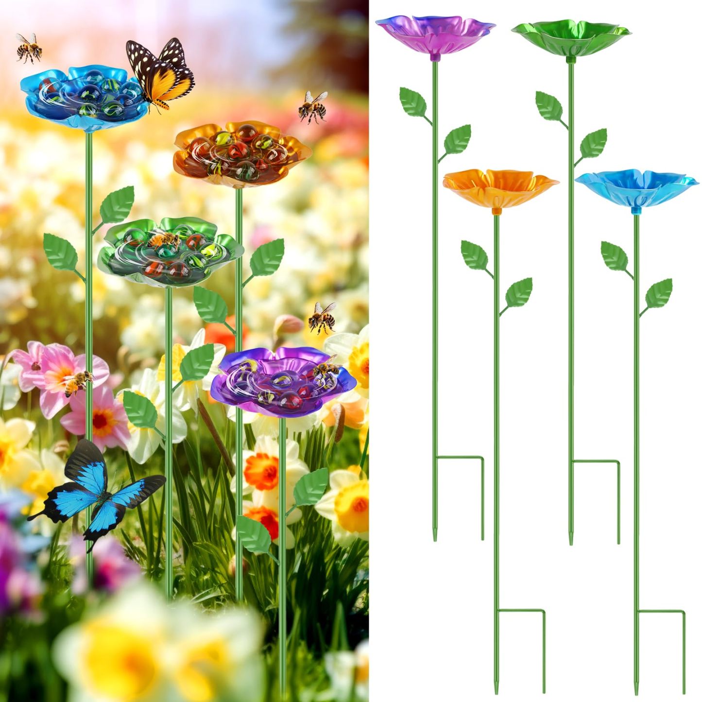 4 Pack Flower Shaped Bee Watering Station, Metal Bee Feeder with Glass Marbles, Outdoor Garden Butterfly & Bee Waterer Yard Decor