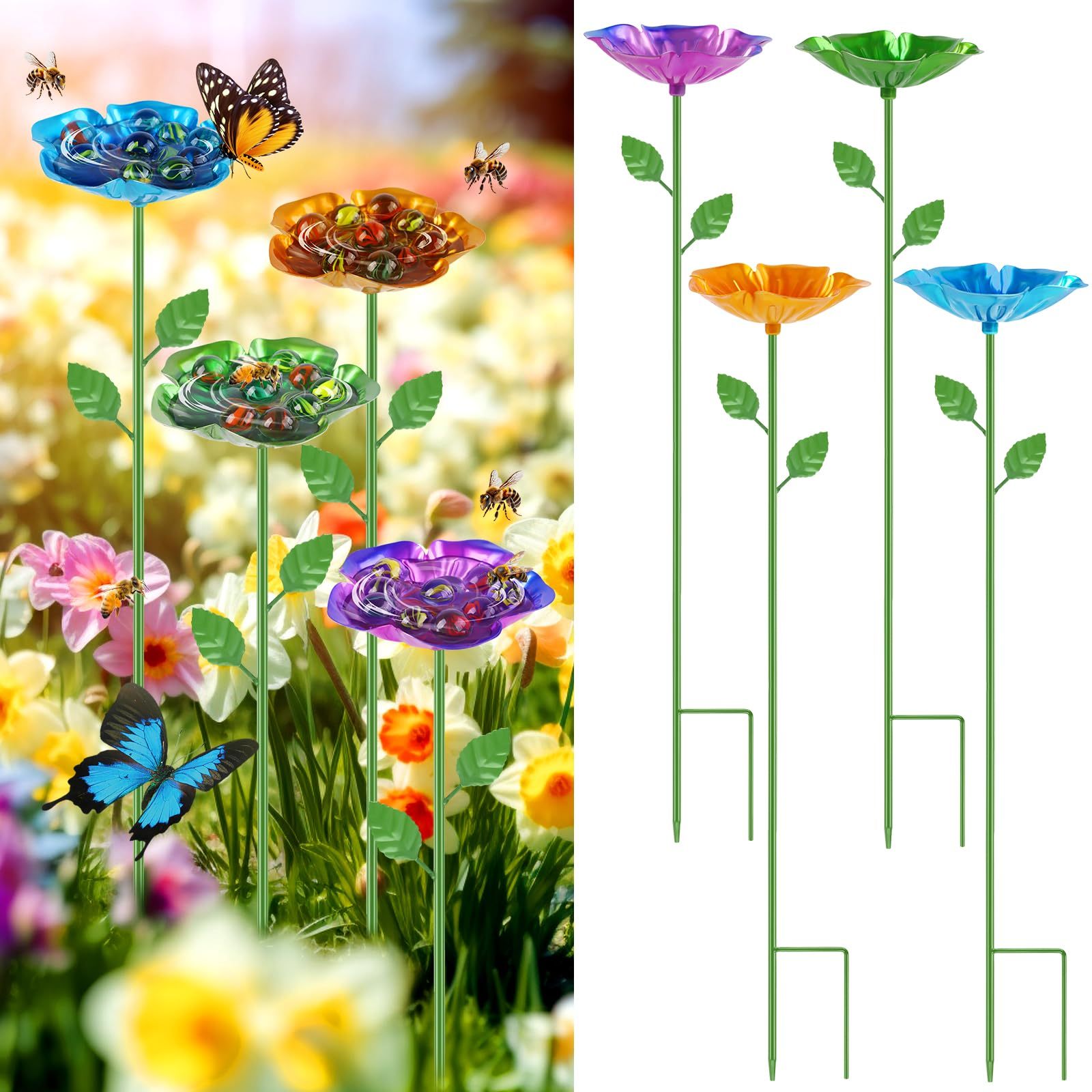 4 Pack Flower Shaped Bee Watering Station, Metal Bee Feeder with Glass Marbles, Outdoor Garden Butterfly & Bee Waterer Yard Decor