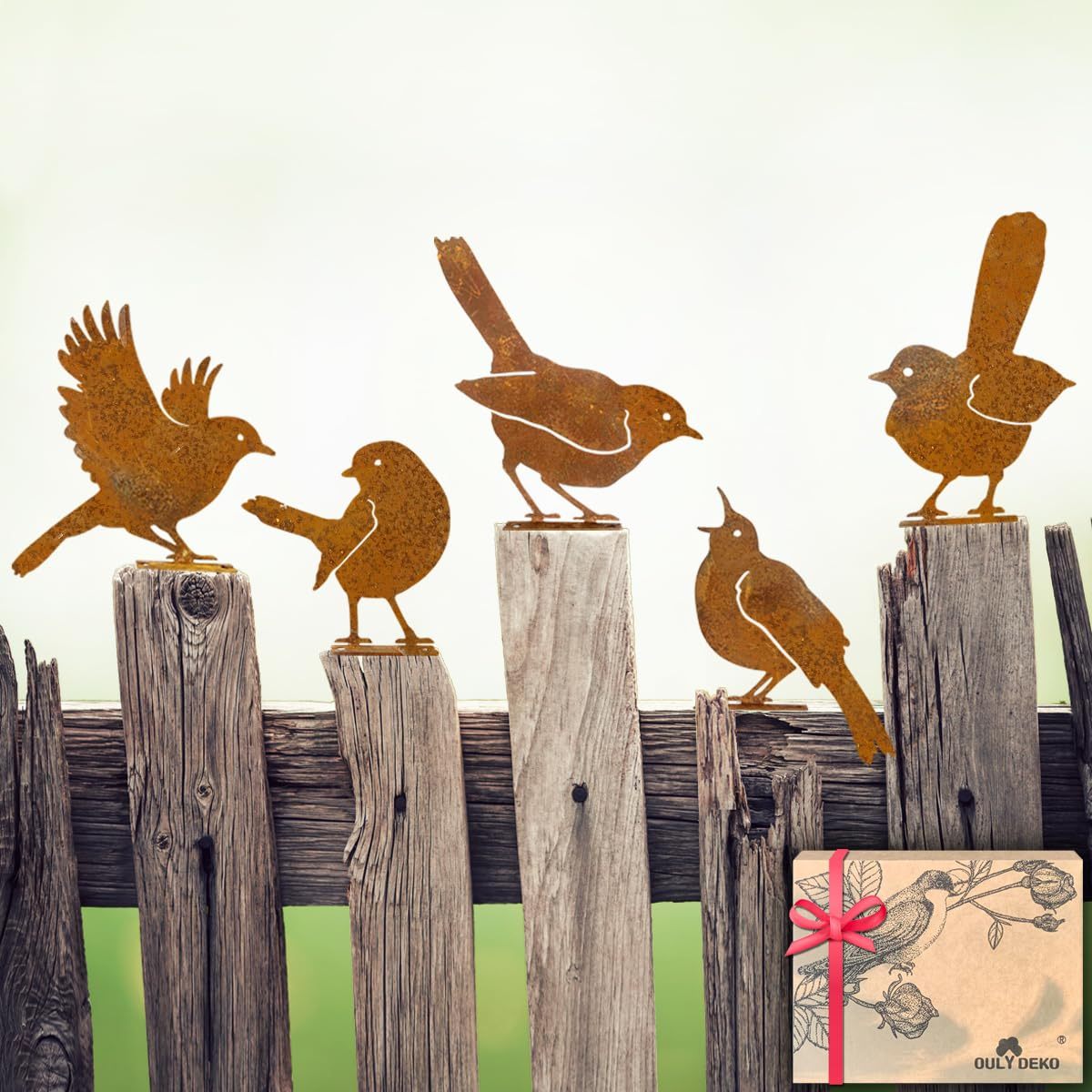 5 PCS Rustic Metal Bird Wall Decor, Outdoor Fence & Yard Art Sculptures, Rusty Garden Hanging Ornaments