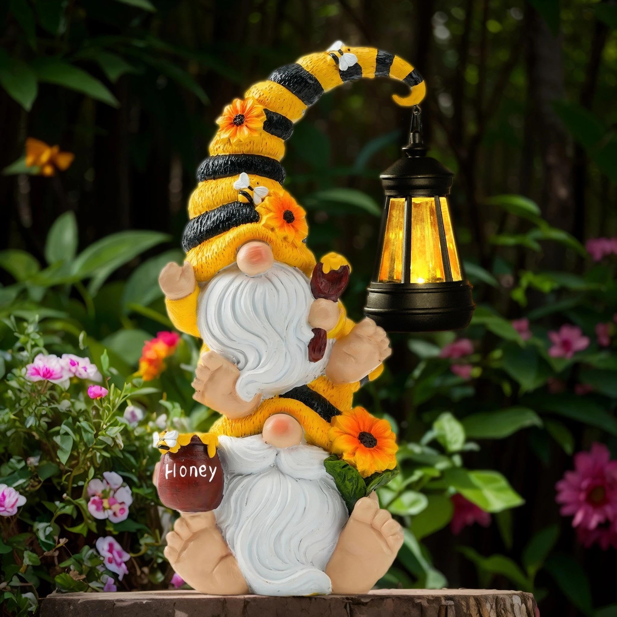 Solar Stacked Bee Gnome Statue with LED Lantern, Waterproof Resin Outdoor Yard Patio Decor, Unique Gift for Women, Mom and Grandma