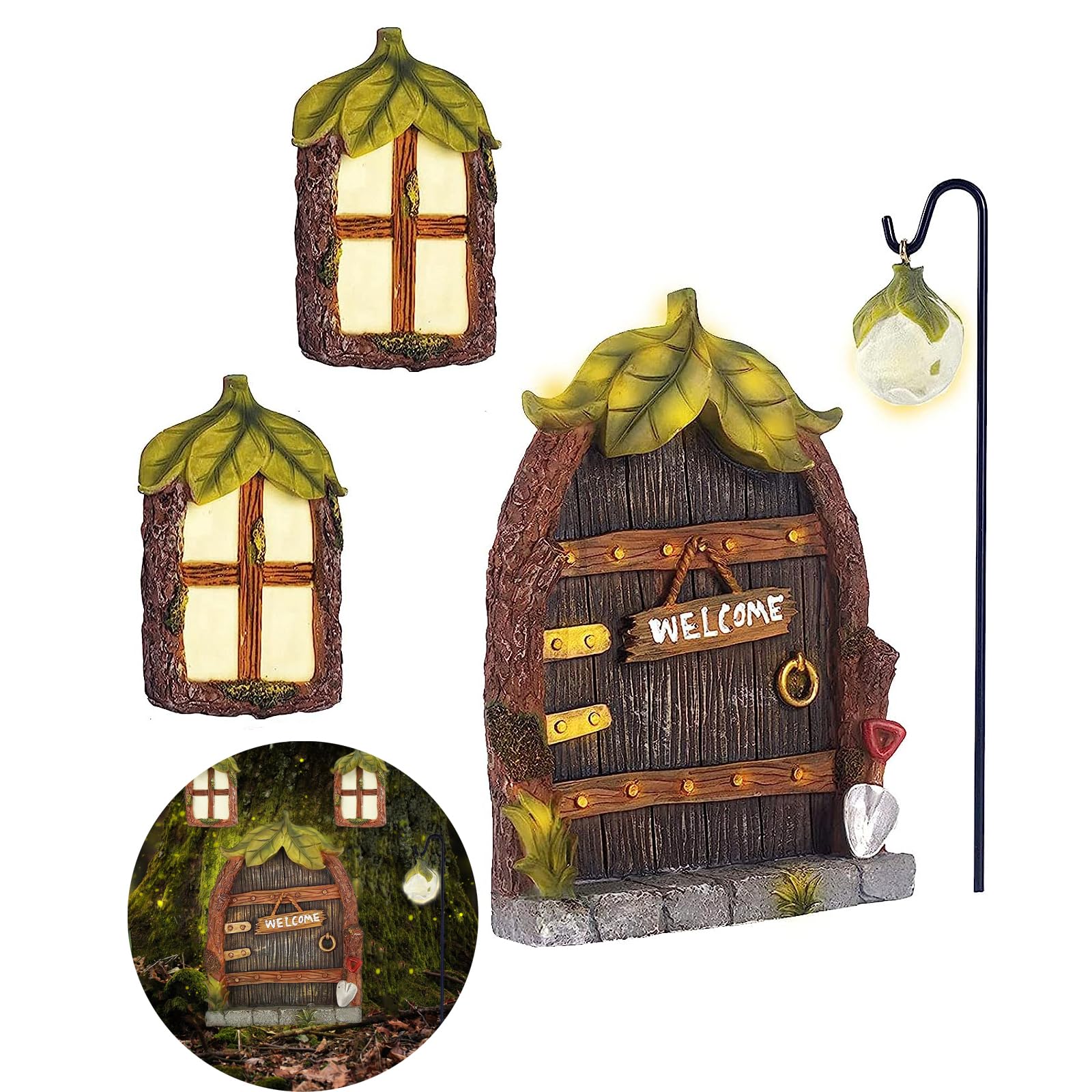 Glow in the Dark Fairy Door & Windows for Trees, Miniature Garden Decor with Lantern, Outdoor Yard Lawn Sculpture Ornament