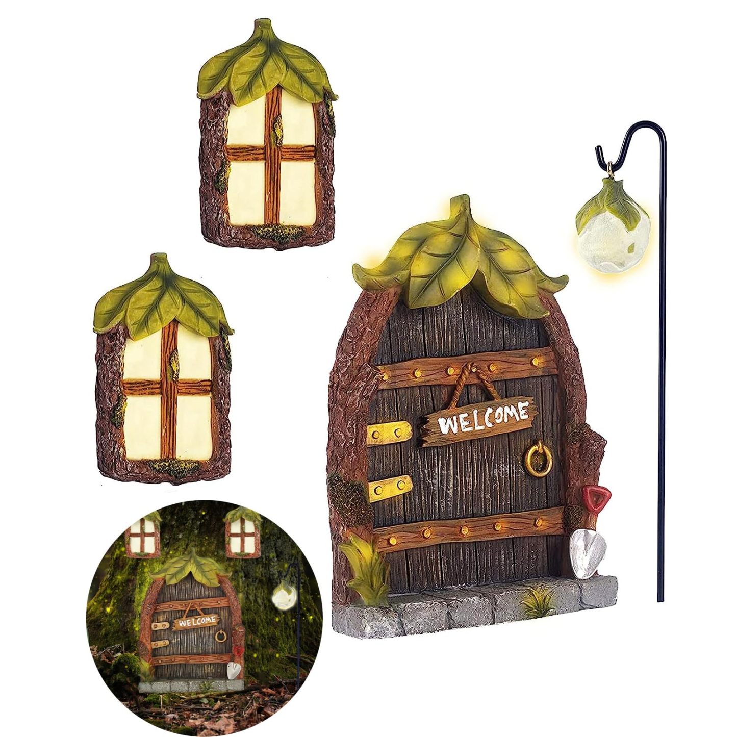 Glow in the Dark Fairy Door & Windows for Trees, Miniature Garden Decor with Lantern, Outdoor Yard Lawn Sculpture Ornament