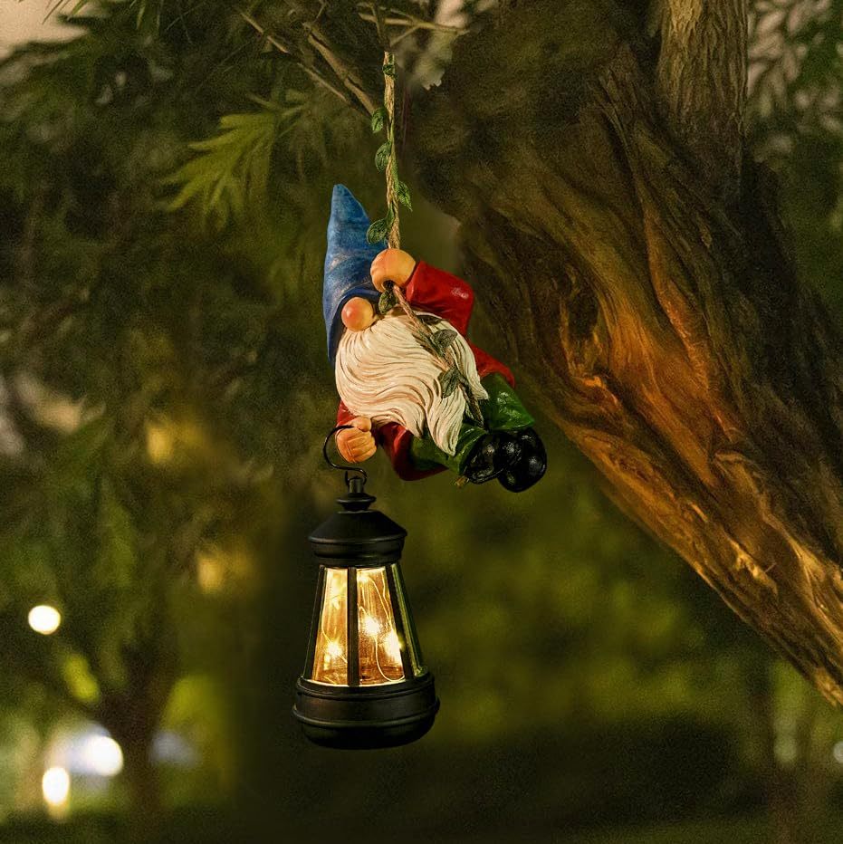 Solar Climbing Rope Gnome Tree Hugger with LED Lantern, Hanging Outdoor Yard Porch Wall Decor, Gift for Mom and Women