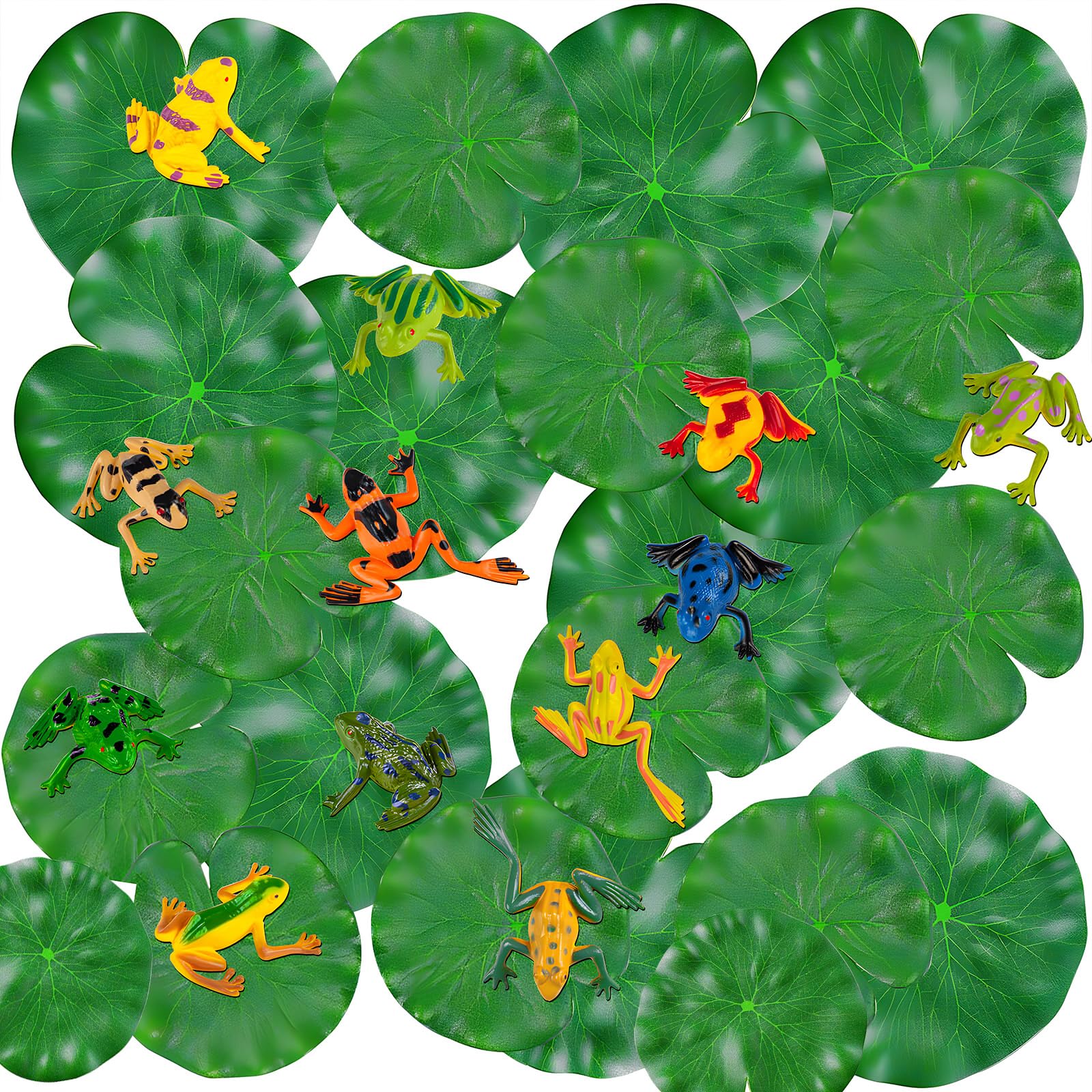 32 Pack Mini Plastic Frog & Floating Lily Pad Set, 12 Colorful Artificial Frogs with 20 Fake Lily Pads, Artificial Pond Plants Decor for Garden Pool, Fish Tank, Water Landscape and Party Ornaments