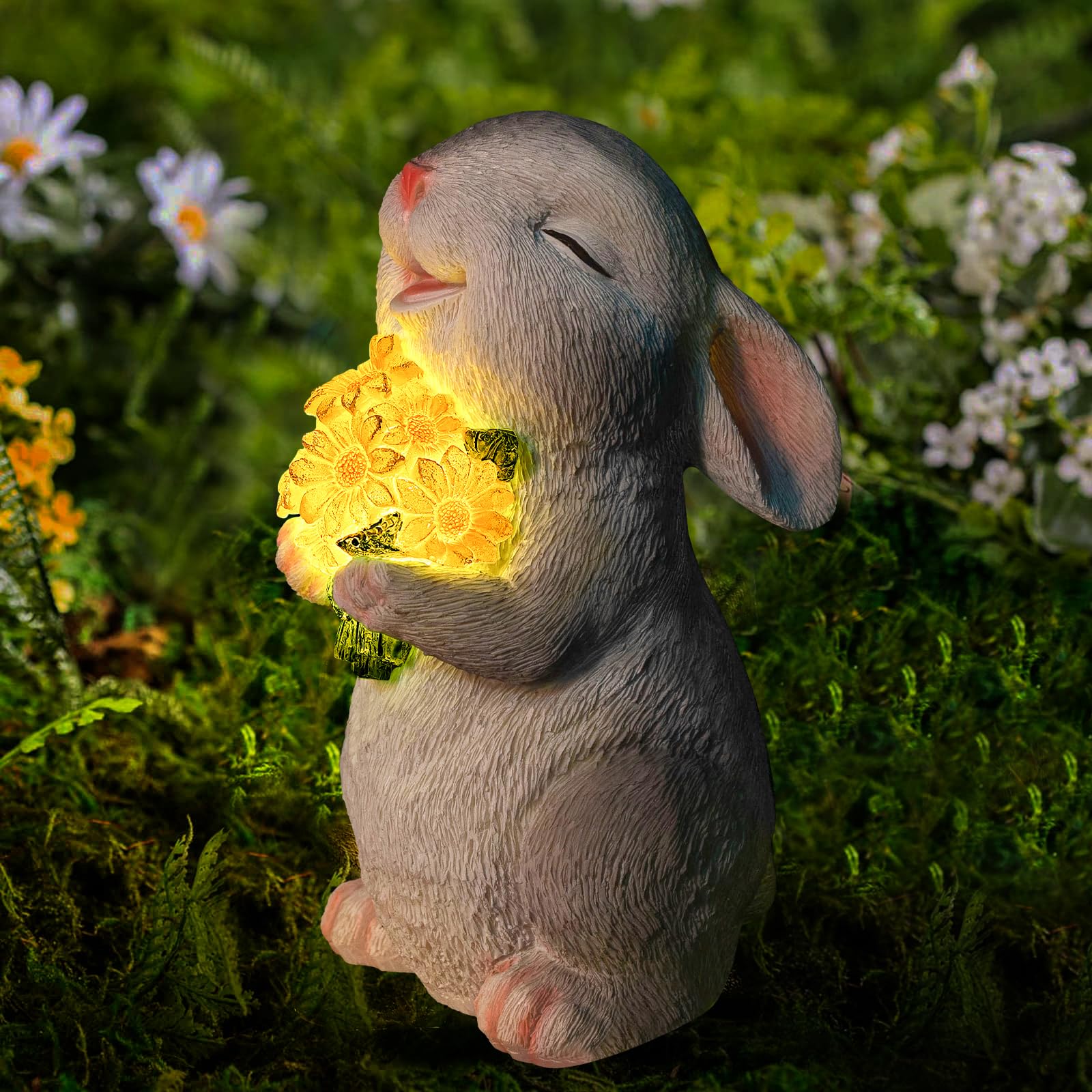 Solar Resin Rabbit Garden Statue with LED Sunflower Light, Outdoor Bunny Figurine Decor for Porch, Patio, Lawn & Yard, Perfect Gardening Gift for Mom, Women on Mother’s Day, Birthday & Christmas