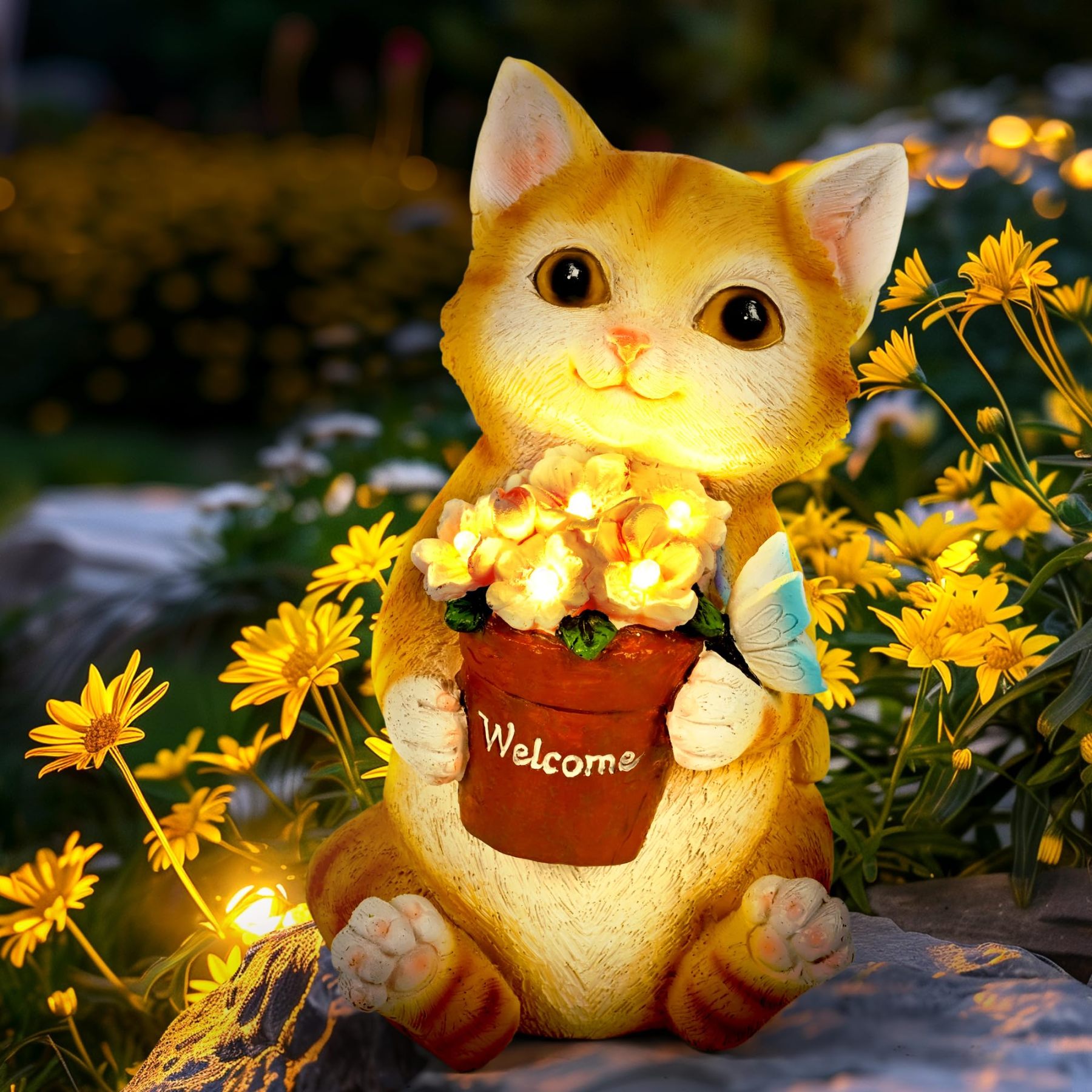 Solar Cat Flower Pot Garden Statue, Outdoor Decorative Cat Figurine for Patio, Yard, Lawn & Balcony, Ideal Birthday Gardening Gift for Women, Mom, Grandma and Seniors