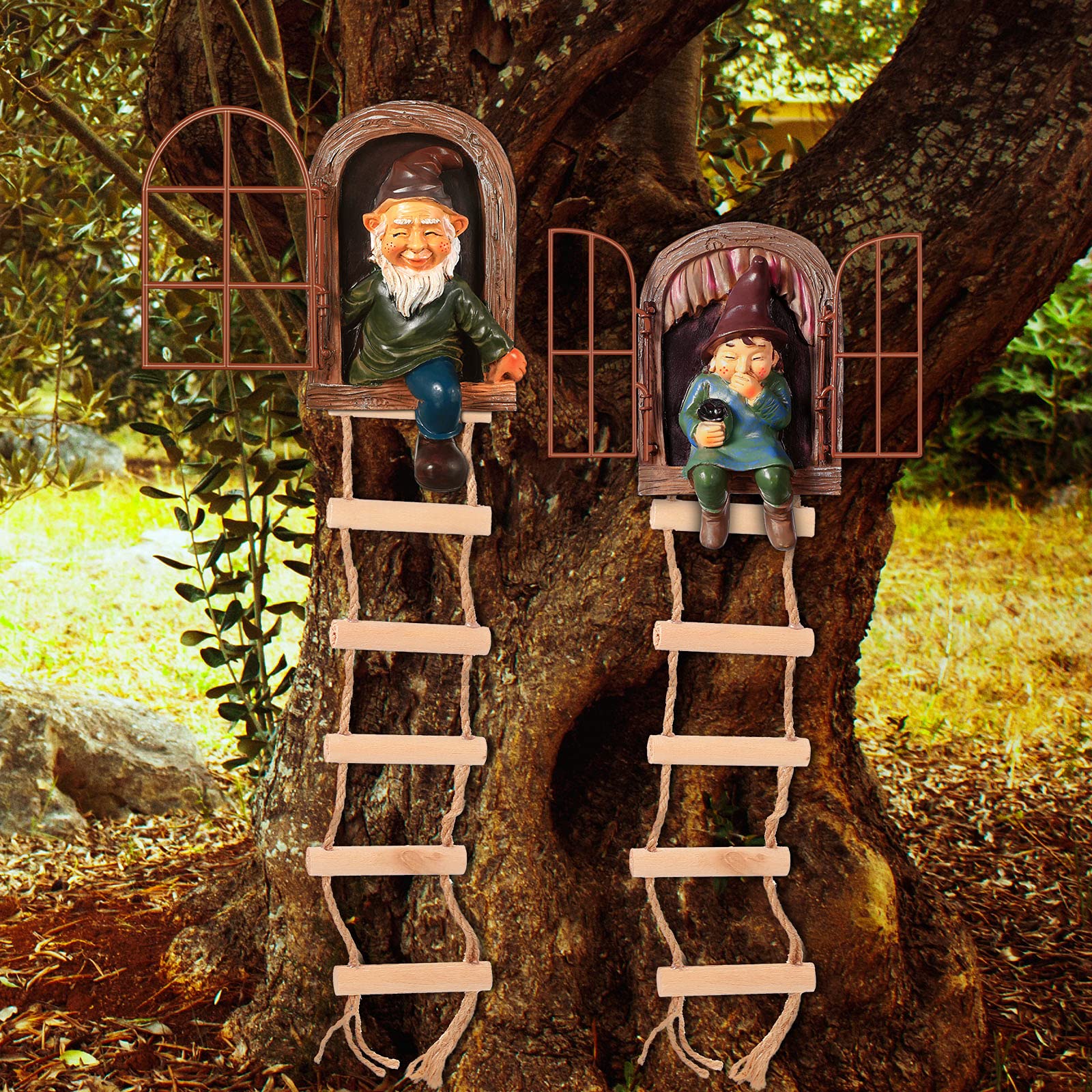 4Pcs Rustic Tree Hugger Gnomes Outdoor Decor, Resin Elf Fairy Tree Face Figurines with Hanging Ladder, Tree Hugging Ornaments for Patio Yard Lawn Garden