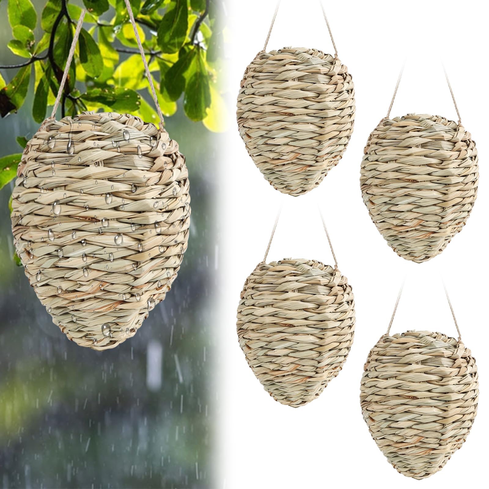 4Pcs Fake Wasp Hornet Nest Decoy, Woven Reed Waterproof, Patio Garden Eaves Decor & Wasp Deterrent