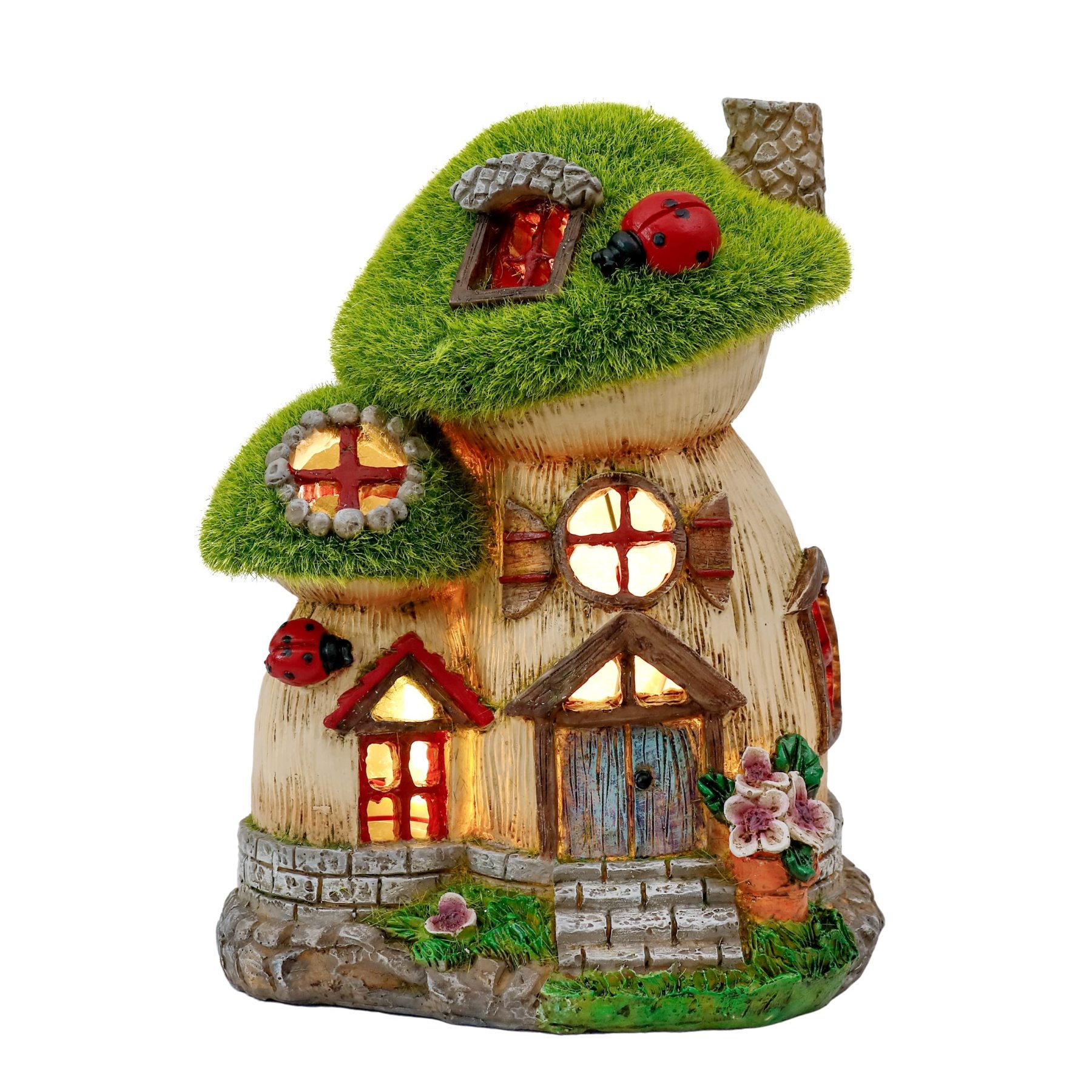 Solar Mushroom Fairy House Garden Statue, Green Flocked Resin Outdoor Decor with LED Light, Yard Patio Ornament & Gardening Gift for Mom, Women