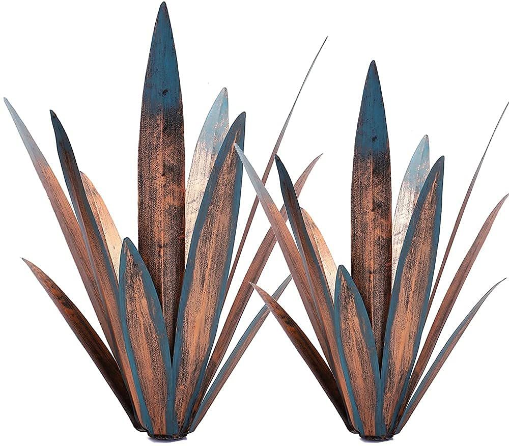 2 Pcs Rustic Tequila Metal Agave Sculpture, Hand Painted Outdoor Garden Stake Ornament, DIY Yard & Lawn Home Decor Figurines