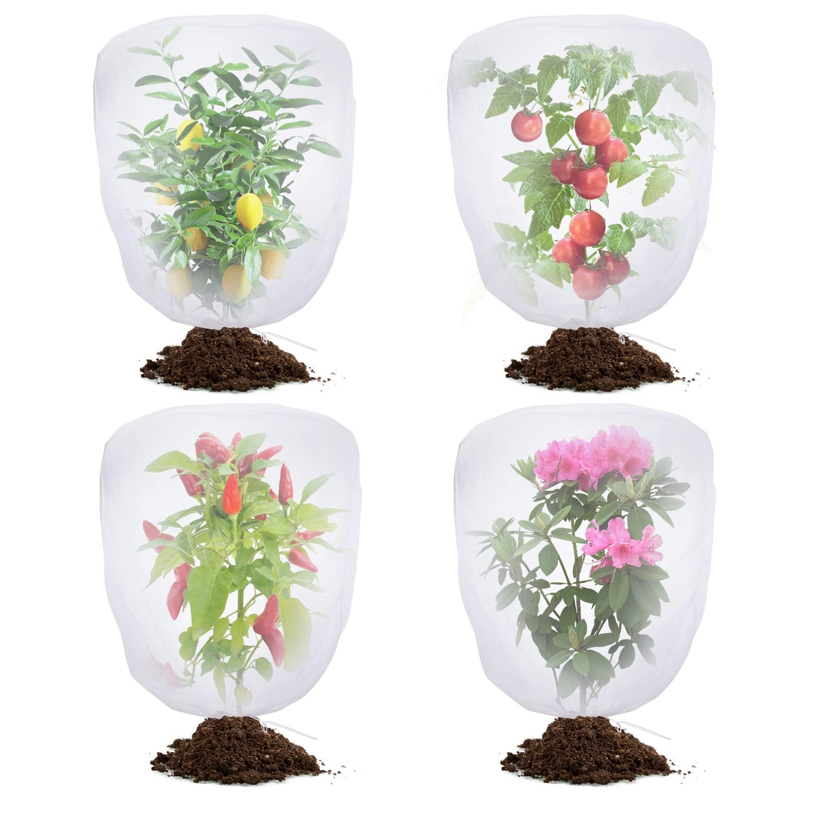 Garden Bird Protection Netting, 4 Pack Drawstring Plant Cover, 3.3Ft x 2.7Ft Pest Barrier Net, Mosquito & Cicada Proof Protective Mesh for Tomato Plants, Vegetables and Blueberry Bushes