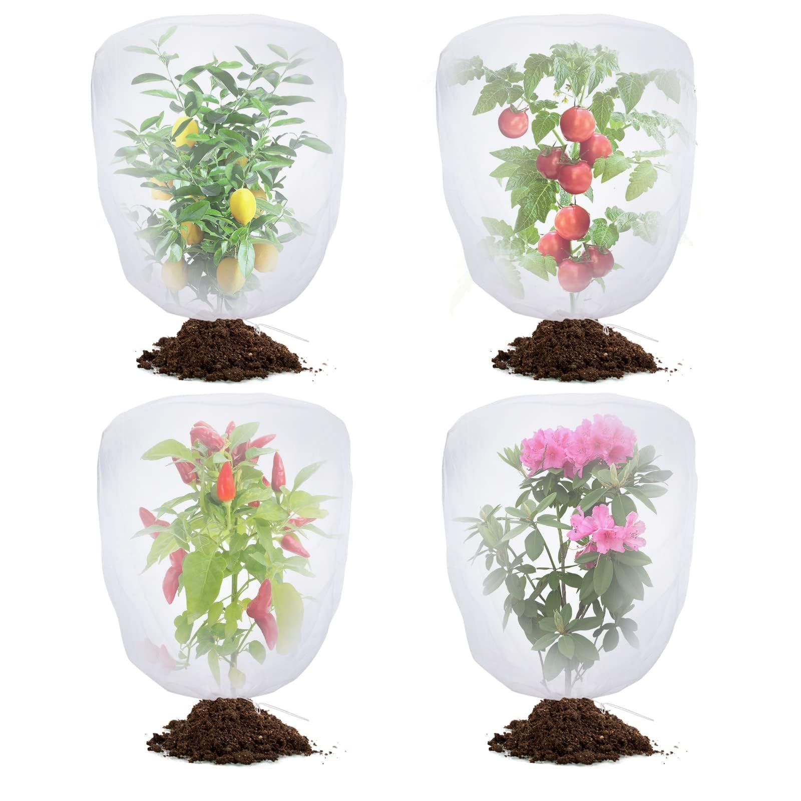 Garden Bird Protection Netting, 4 Pack Drawstring Plant Cover, 3.3Ft x 2.7Ft Pest Barrier Net, Mosquito & Cicada Proof Protective Mesh for Tomato Plants, Vegetables and Blueberry Bushes