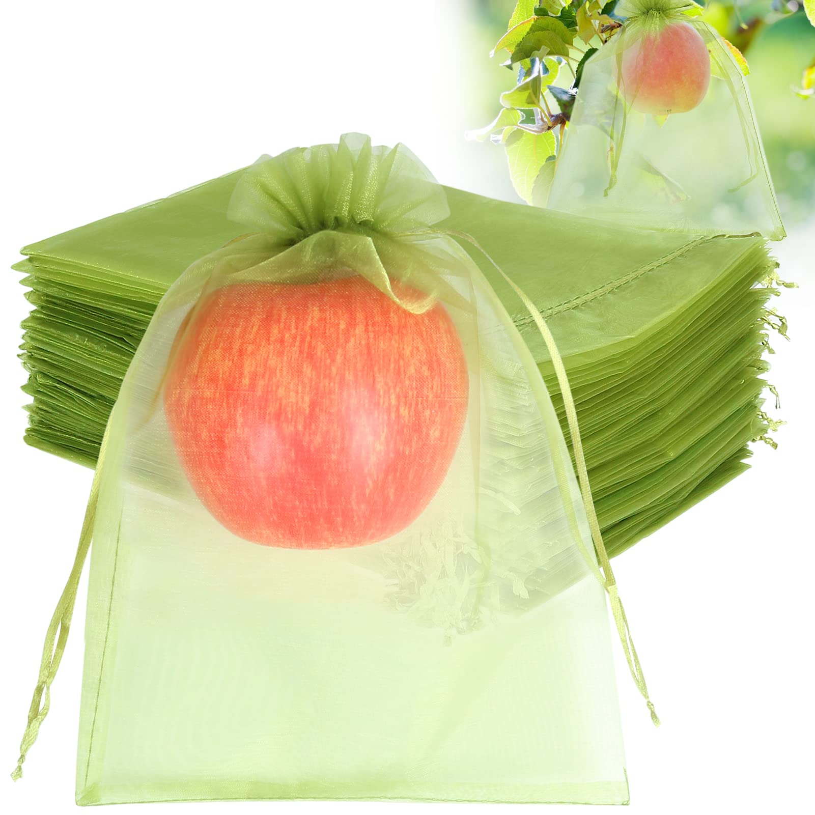 100Pcs Drawstring Fruit Protection Bags, 6x9 Inch Green Mesh Pest Barrier Covers, Protective Net Bags for Tomatoes, Mango Trees, Vegetables and Garden Plants