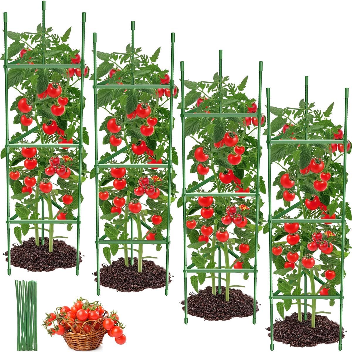 4 Pack 51.2 Inch Tall Tomato Cages, Heavy Duty Garden Plant Trellis for Raised Beds & Pots, Climbing Vegetable Support Stands