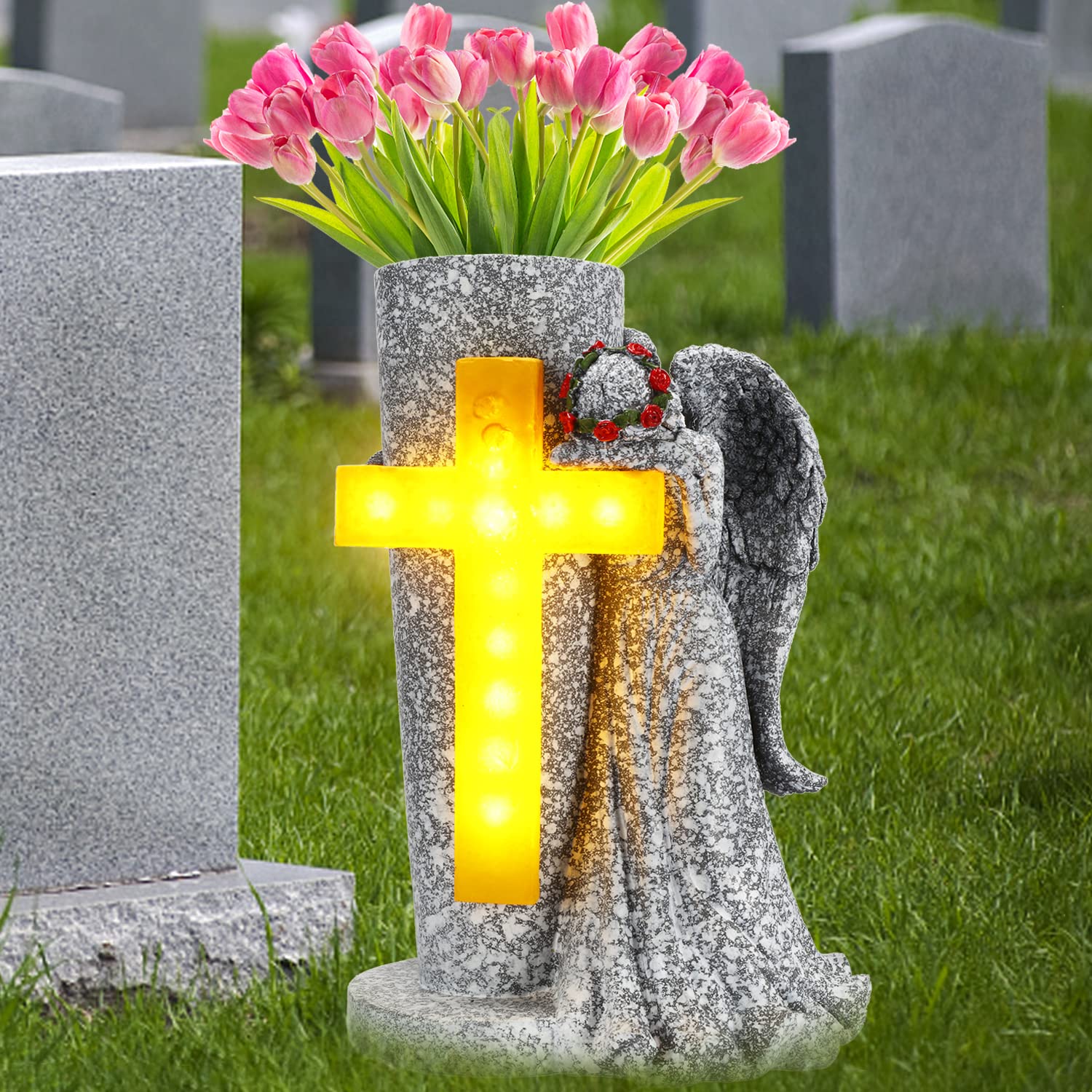 Angel Garden Statue with Solar Cross Lights