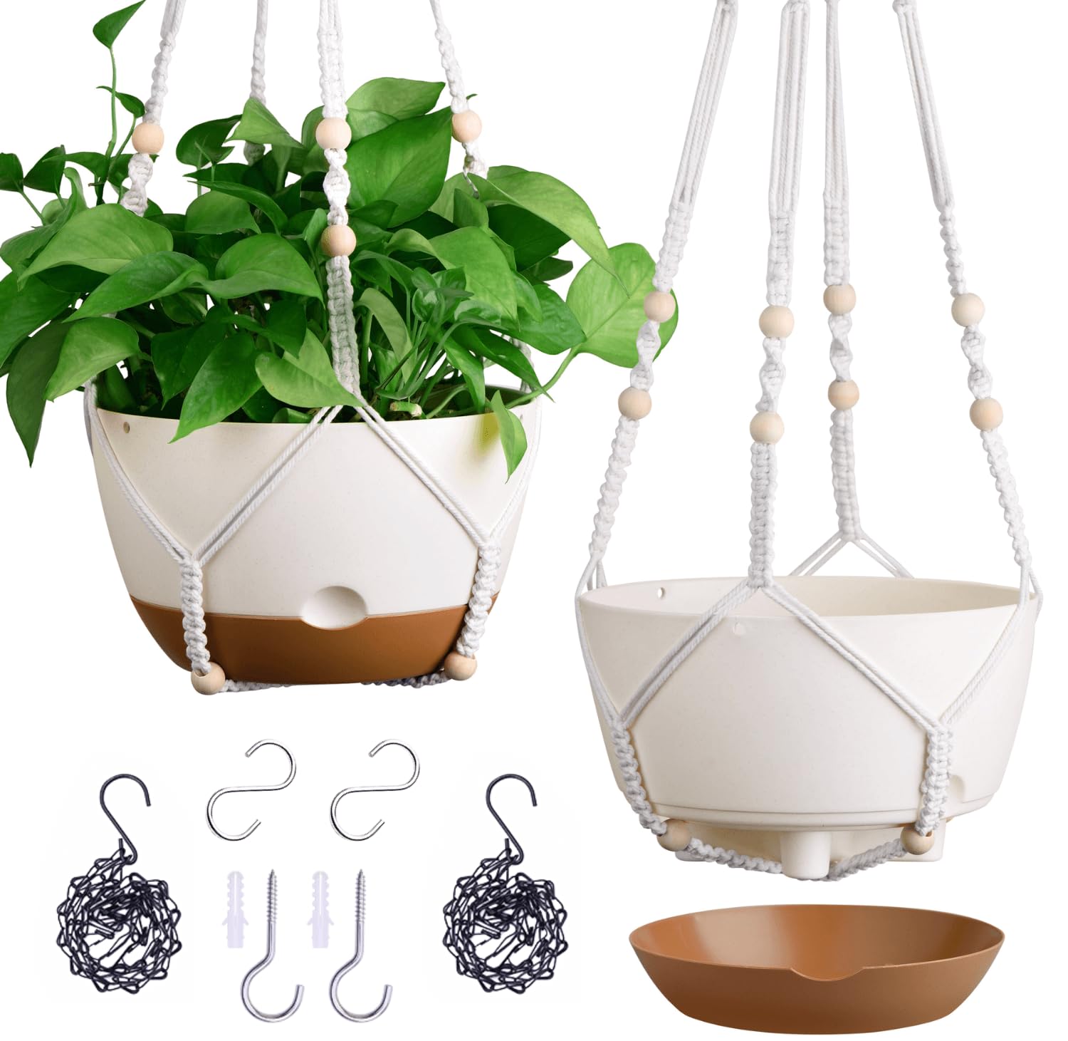 Set of 2 Pcs 10 Inch Self-Watering Hanging Planters, White Hanging Plant Pots with Drainage Hole, Outdoor Indoor Plant Baskets with 2 Types of Hangers