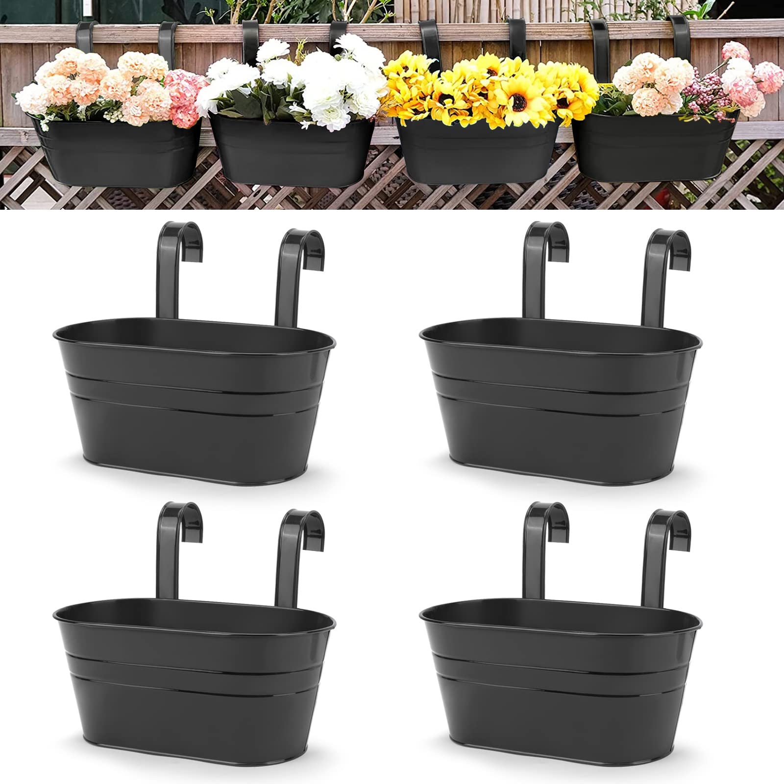 4 Pcs Metal Iron Hanging Flower Pots, Wall Mount Planter with Detachable Hooks, Indoor Outdoor Decor for Balcony, Railing, Fence and Garden