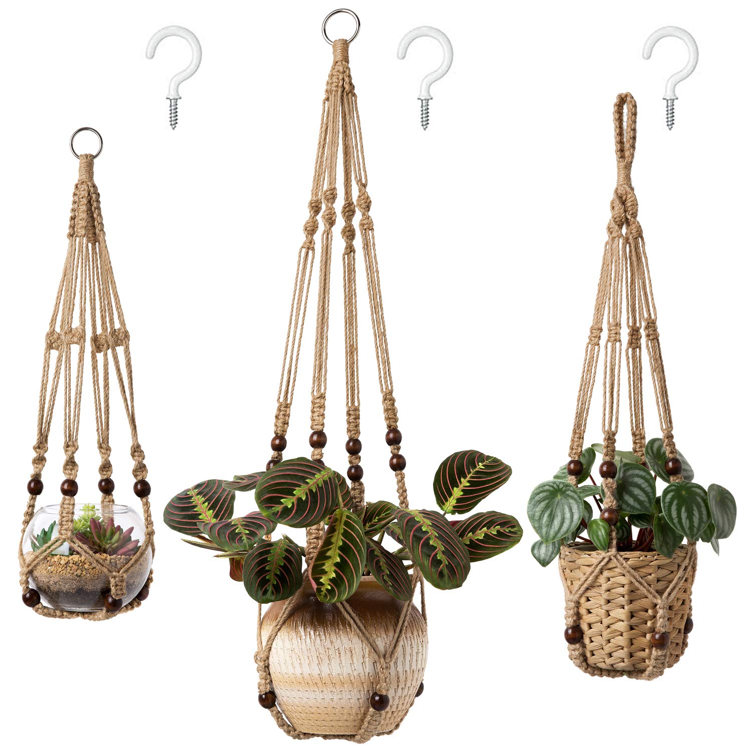 3 Pcs Tassel-Free Macrame Plant Hangers, Beaded Hanging Planter Baskets, Indoor Flower Pot Holders in 23/29/35 Inch