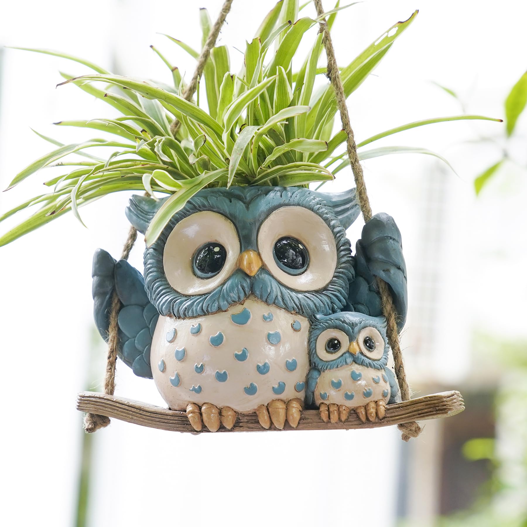 Cute Swing Owl Hanging Planters, Resin Hanging Plant Pots with Drainage Hole, Small Succulent Planter for Indoor Outdoor, Unique Plant Hanger for String of Pearls, Mother's Day Gift