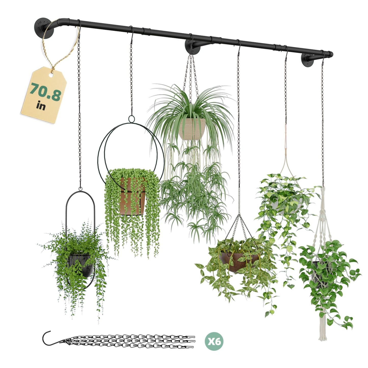 Galood Metal Plant Hanger with 6 Hanging Chains, Adjustable Window Plant Rod, Black Hanging Plant Shelf for Indoor Plants, 70.8 Inch, Planter Pot Not Included