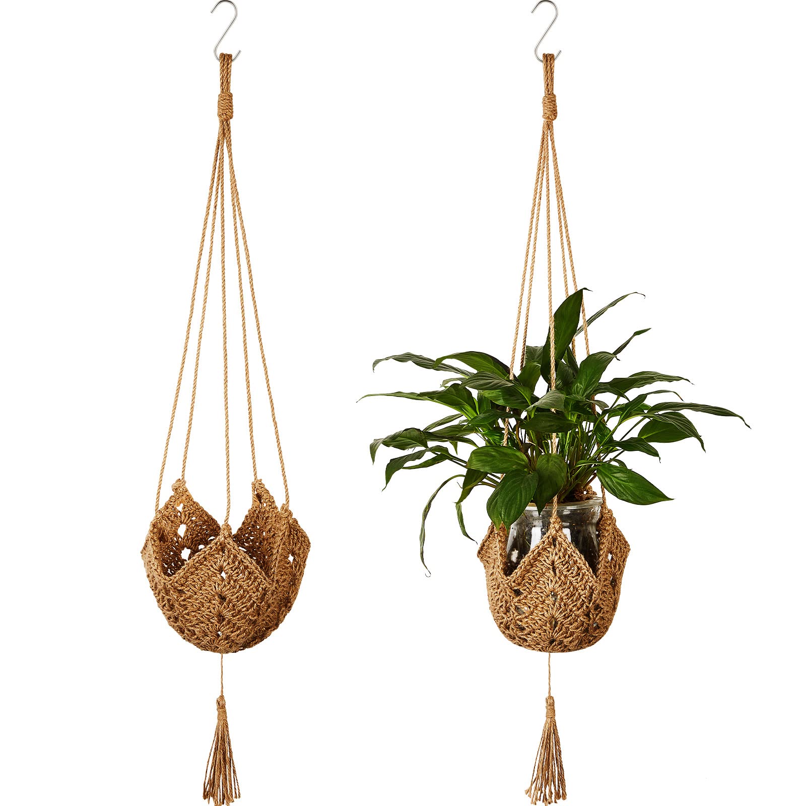 2 Pack Jute Crochet Plant Hanger, Long Macrame Plant Holder Rope with S-Hooks, Fits 3–12 Inch Pots, Boho Wall Hanging Decor for Halloween & Home