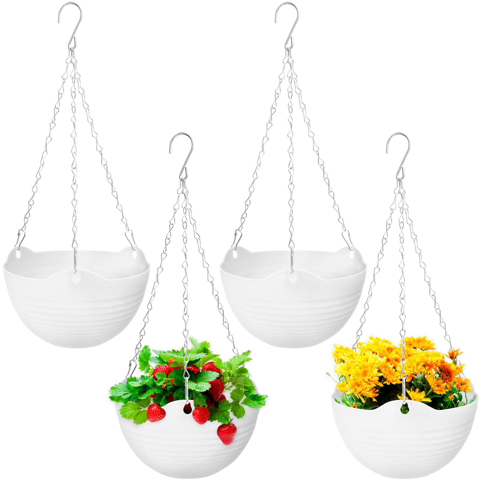 4 Pack 8 Inch White Hanging Planters, Self-Watering Round Plant Pots with Metal Chains & Water Tray, Indoor Outdoor Hanging Baskets for Garden Porch Wall Decor