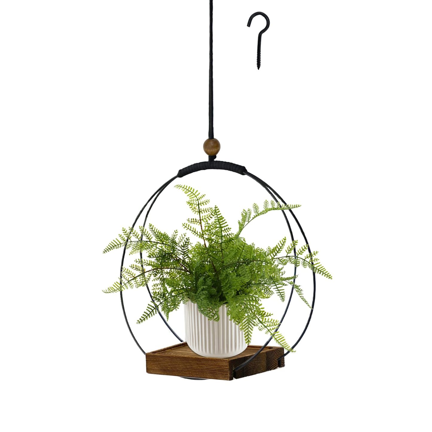 Modern Boho Macrame Plant Hanger, Black Indoor Hanging Planter with Sturdy Wood Base, Wall Ceiling Window Plant Holder for 3–5.5 Inch Pots, Home Decor, Pot Not Included
