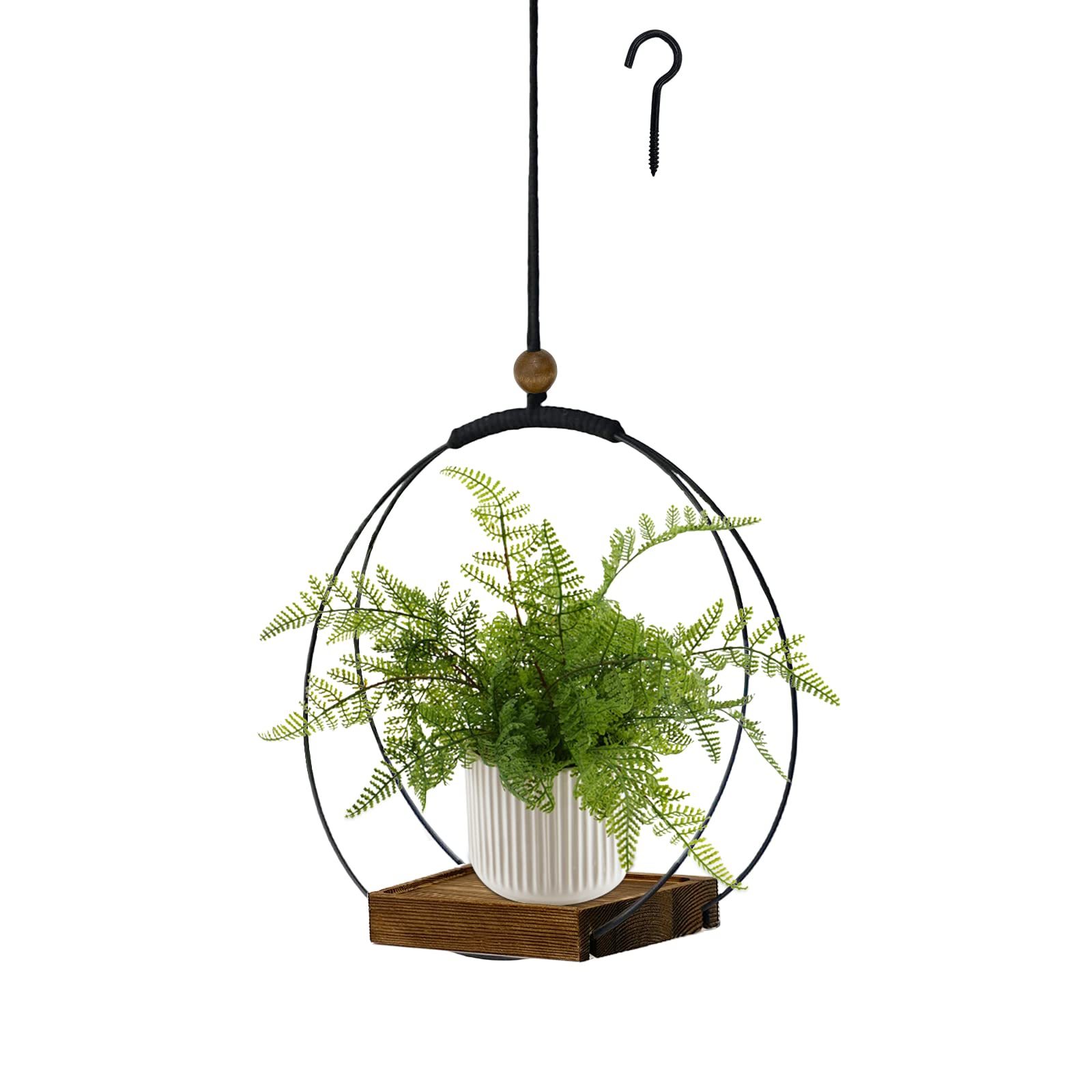 Modern Boho Macrame Plant Hanger, Black Indoor Hanging Planter with Sturdy Wood Base, Wall Ceiling Window Plant Holder for 3–5.5 Inch Pots, Home Decor, Pot Not Included