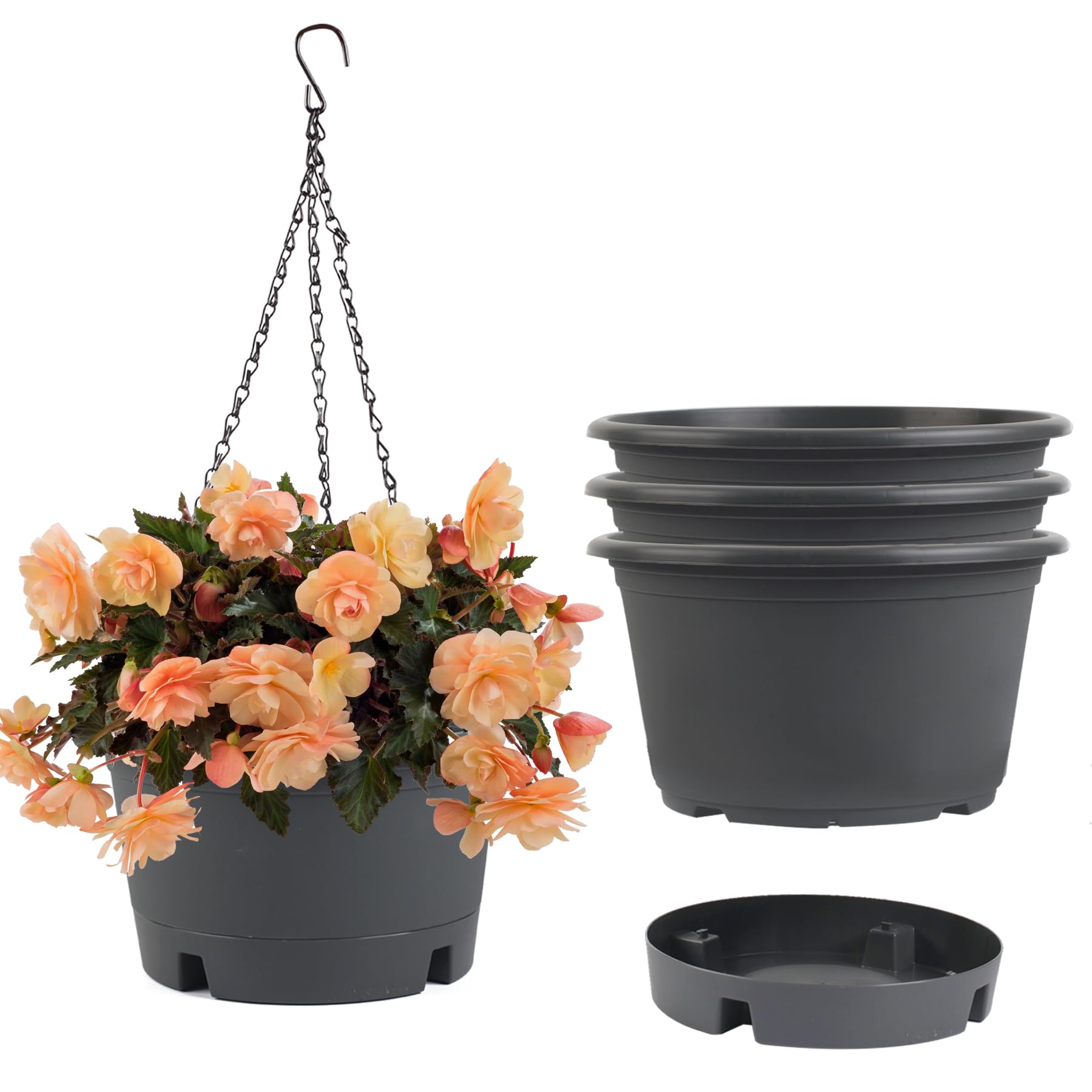 4 Pack 10 Inch Hanging Planters, Round Plastic Hanging Baskets with Removable Tray and 15.7 Inch Metal Chain, Indoor Outdoor Hanging Flower Pots for Garden Porch Balcony Patio Decor