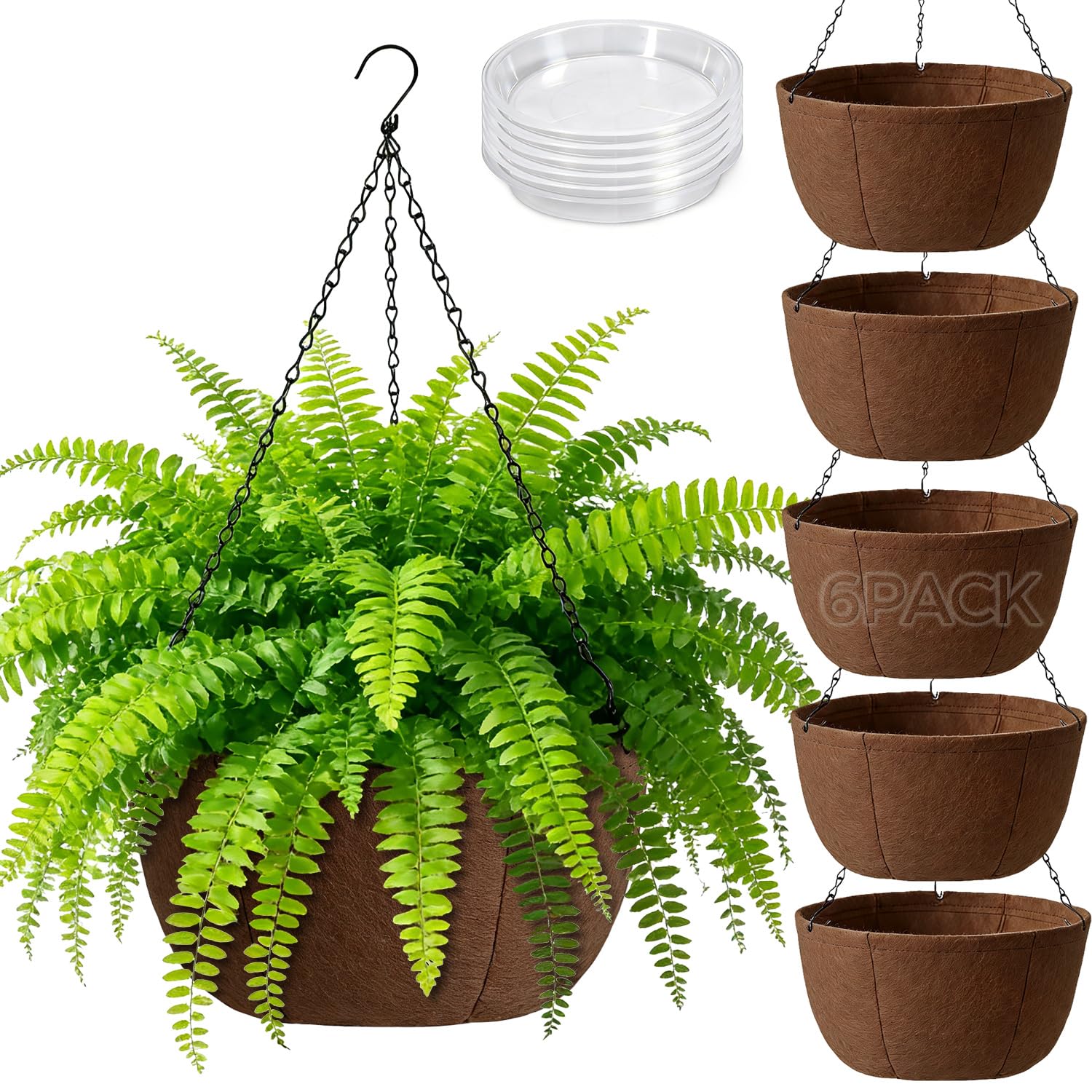 6 Pack 12 Inch Fabric Hanging Planters, Soft Hanging Baskets with Drainage Tray, Breathable Hanging Plant Pots for Outdoor Patio Porch Garden Decor